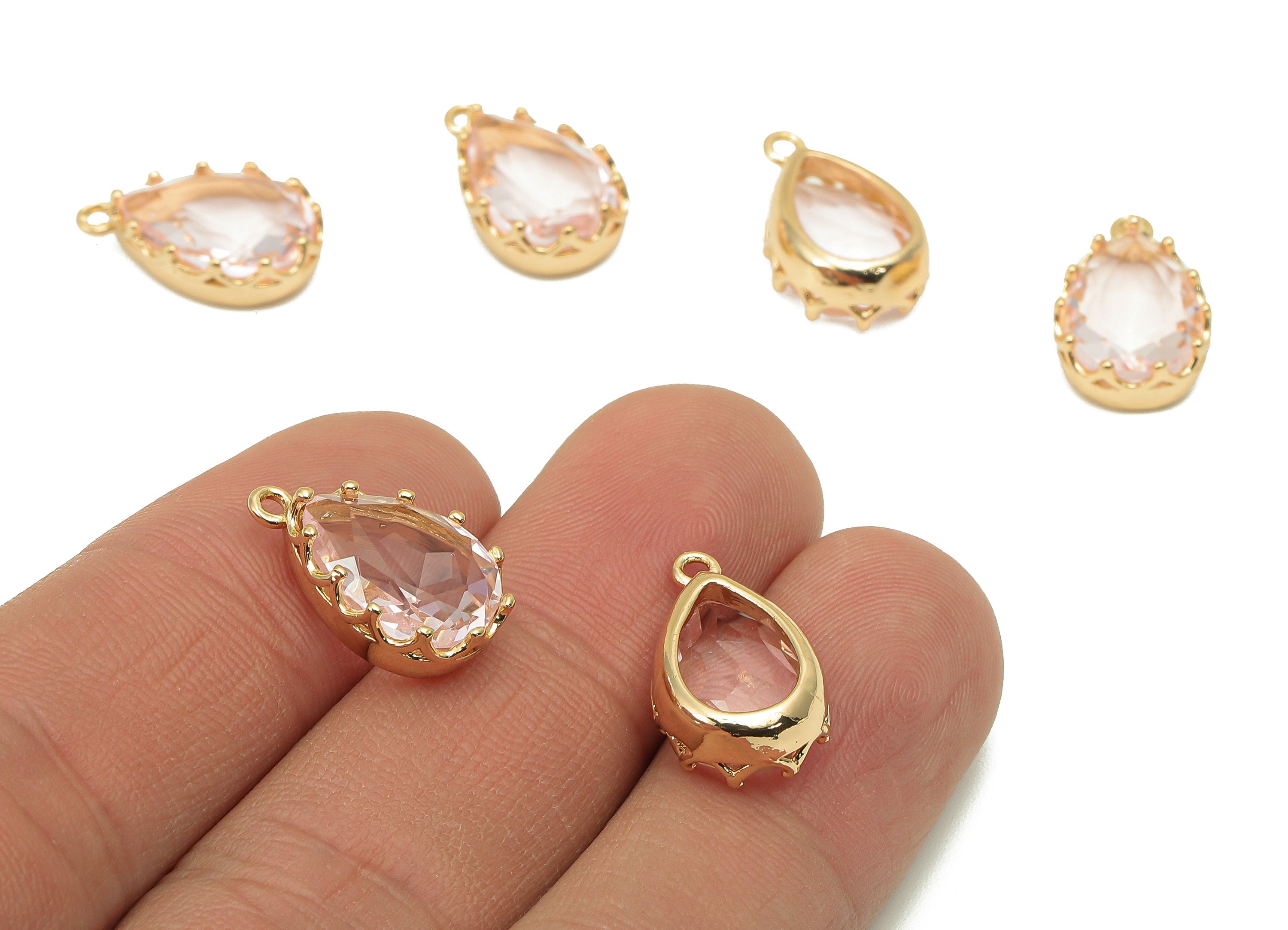 Brass Crown Frame Drop Charm - Faceted Clear Pink Glass Earring - Teardrop Pendant With Loop - Gold Tone Plating - 17.2x10.6x5.6mm - GS1159A - DOMEDBAZAAR
