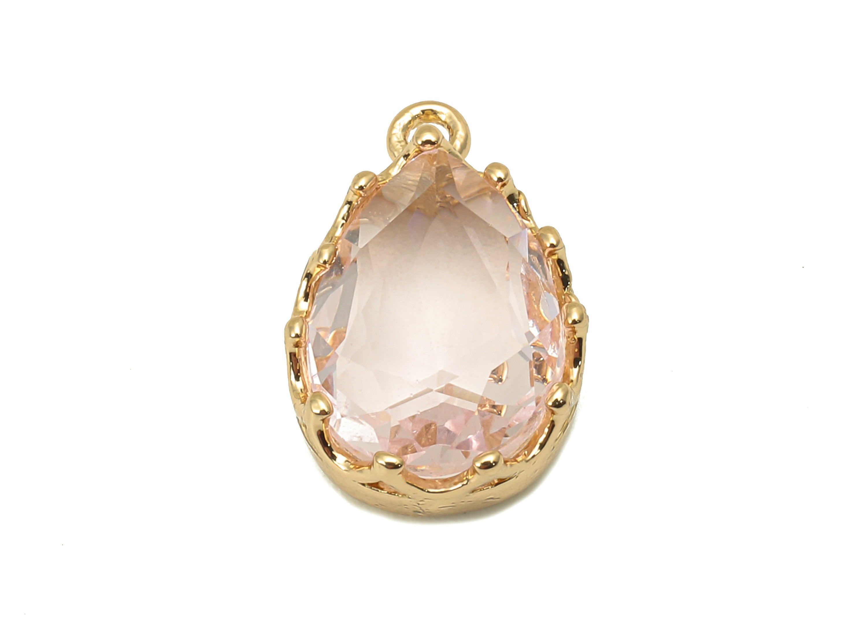Brass Crown Frame Drop Charm - Faceted Clear Pink Glass Earring - Teardrop Pendant With Loop - Gold Tone Plating - 17.2x10.6x5.6mm - GS1159A - DOMEDBAZAAR