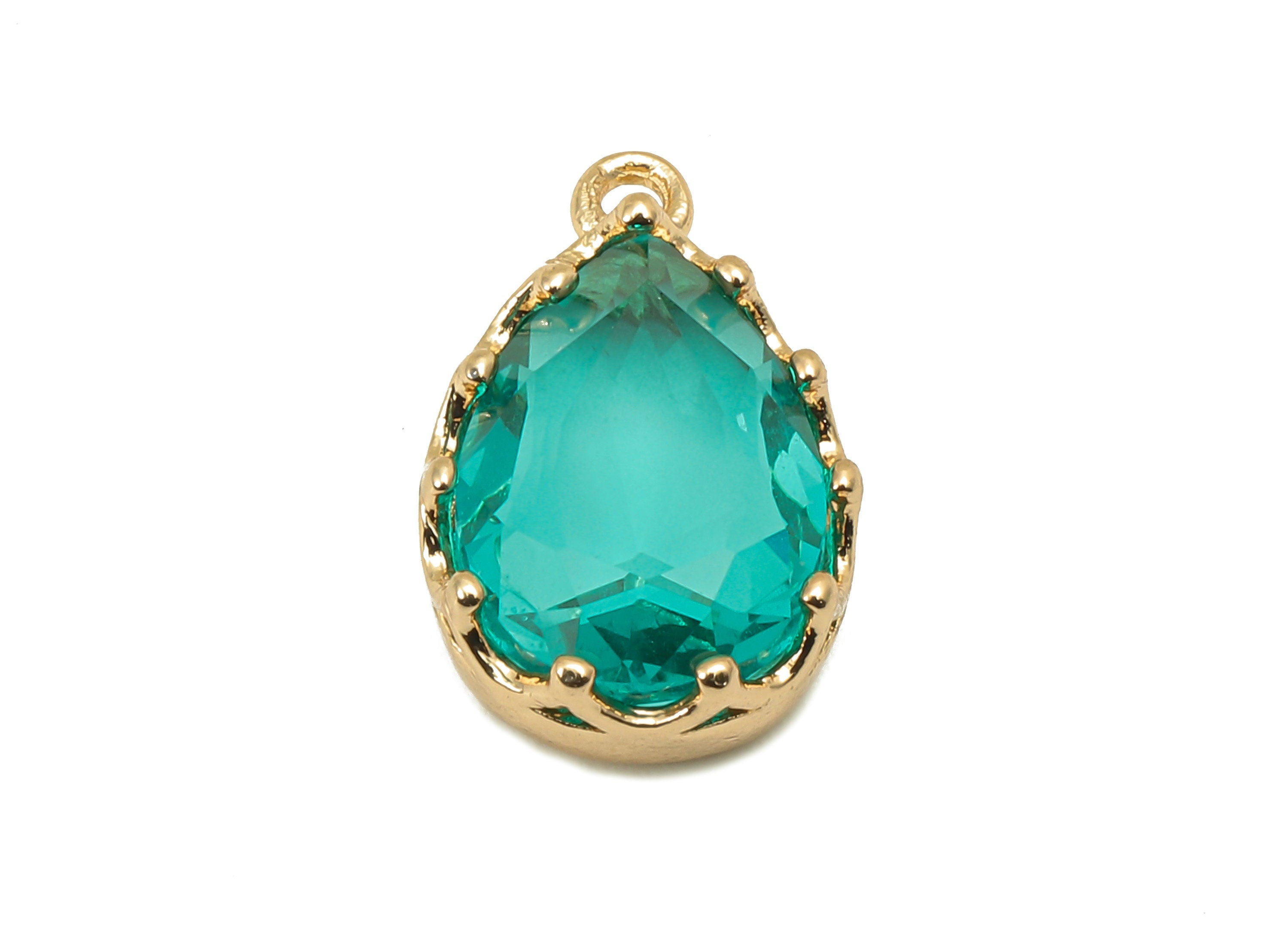 Brass Crown Frame Drop Charm - Faceted Clear Green Glass Earring - Teardrop Pendant With Loop - Gold Tone Plating - 17.2x10.6x5.6mm -GS1159B - DOMEDBAZAAR