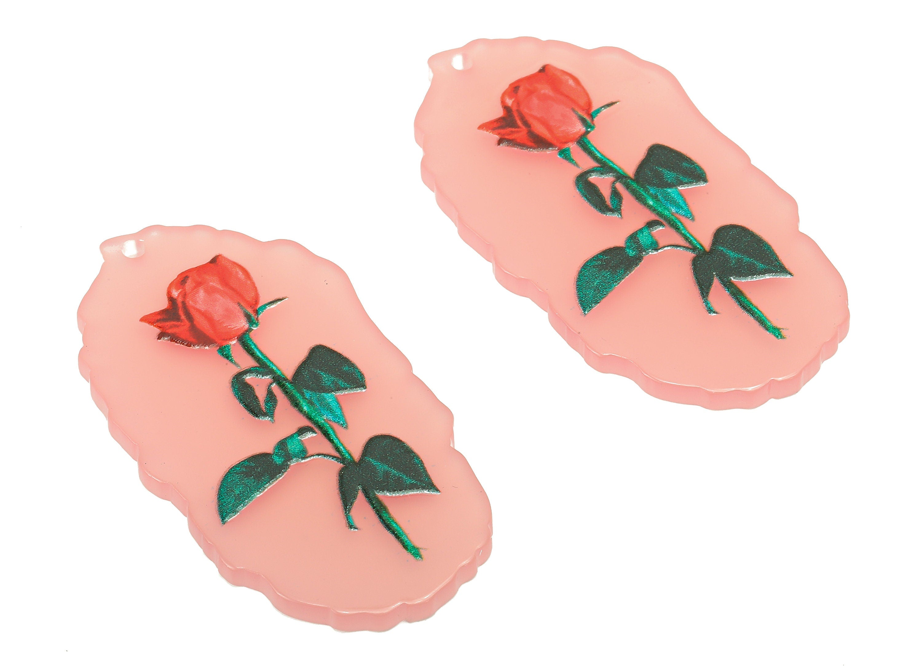 Acrylic Flower Oval Earring Charm - Red Rose Pink Oval Earring - Acrylic Pendant With Hole - Charm For Necklace - 44.3x23.4x2.3mm - AC2575 - DOMEDBAZAAR