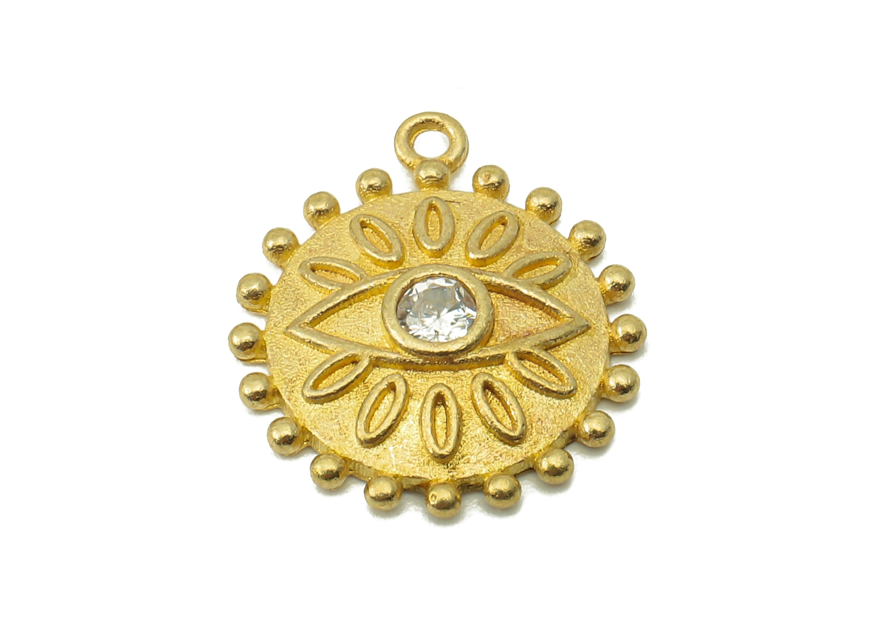 Brass Sun Earring Charms - Raw Brass Eye Pendant With Cubic Zirconia CZ - Round Eyelash Charms With Loop - For Necklace - 16x15x2mm -PP8228 - DOMEDBAZAAR