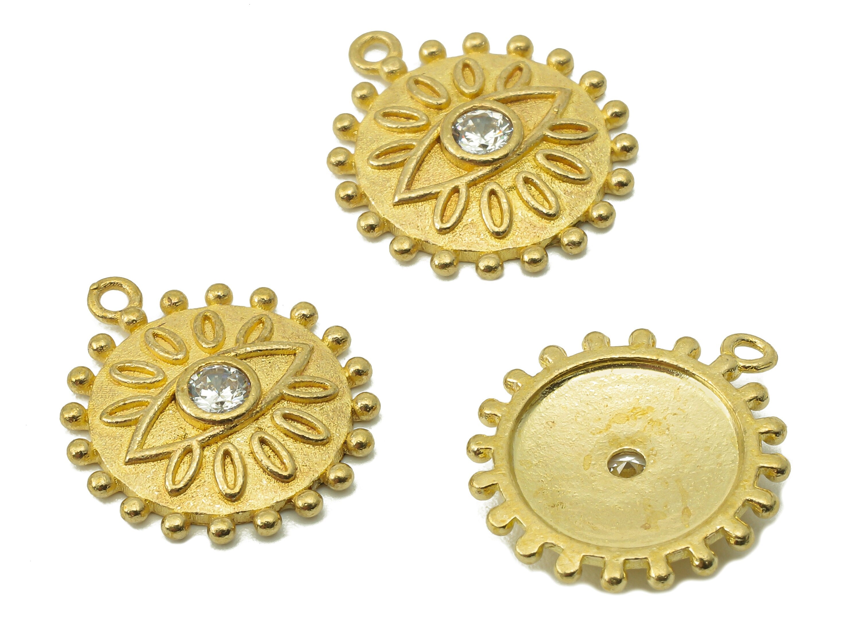 Brass Sun Earring Charms - Raw Brass Eye Pendant With Cubic Zirconia CZ - Round Eyelash Charms With Loop - For Necklace - 16x15x2mm -PP8228 - DOMEDBAZAAR