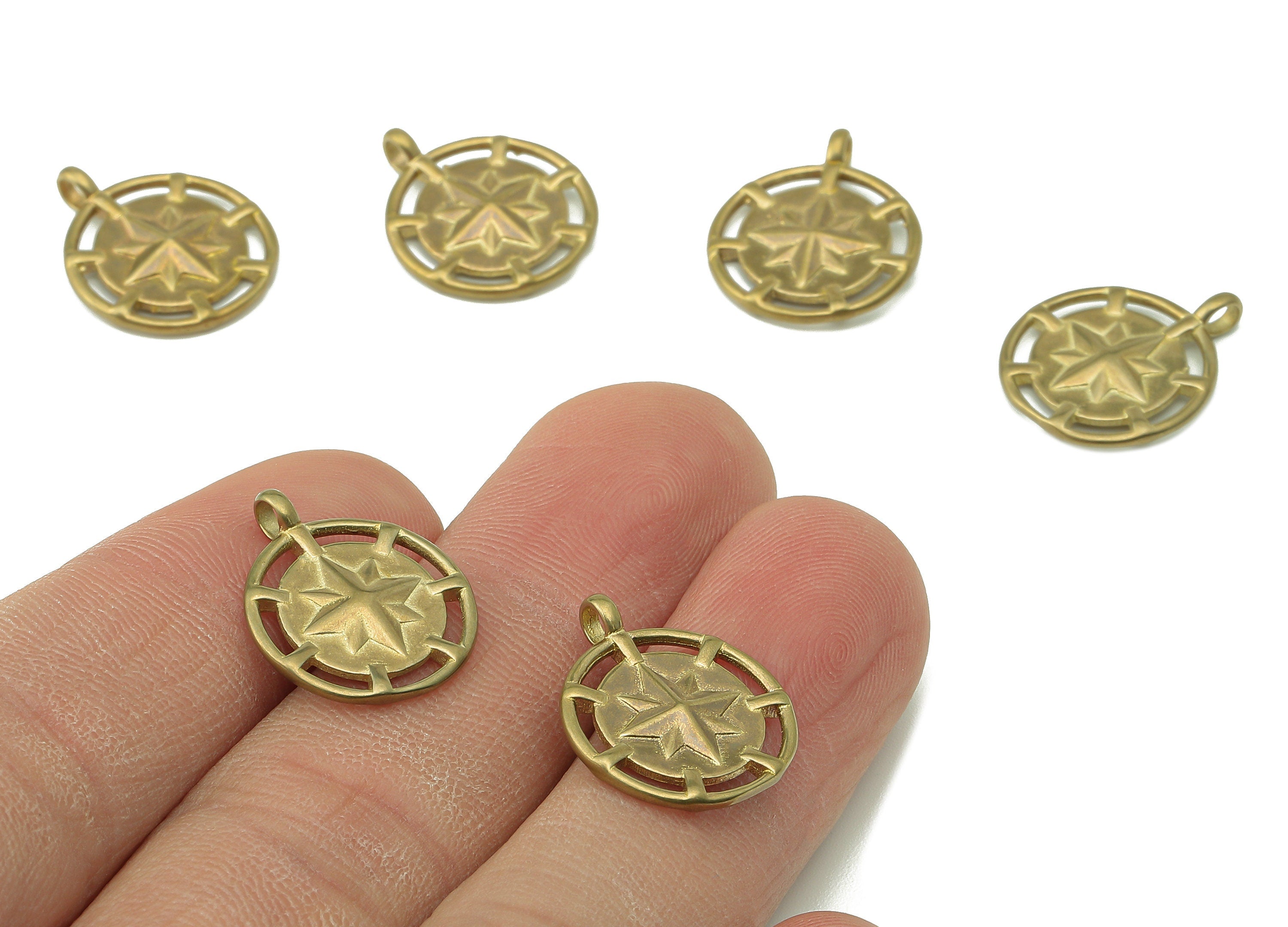 Brass Round Octagonal Star Earring Charms - Raw Brass Eight-Pointed Star Pendant With Loop - For Necklace - 18.54x15.3x2.35mm - PP8238 - DOMEDBAZAAR