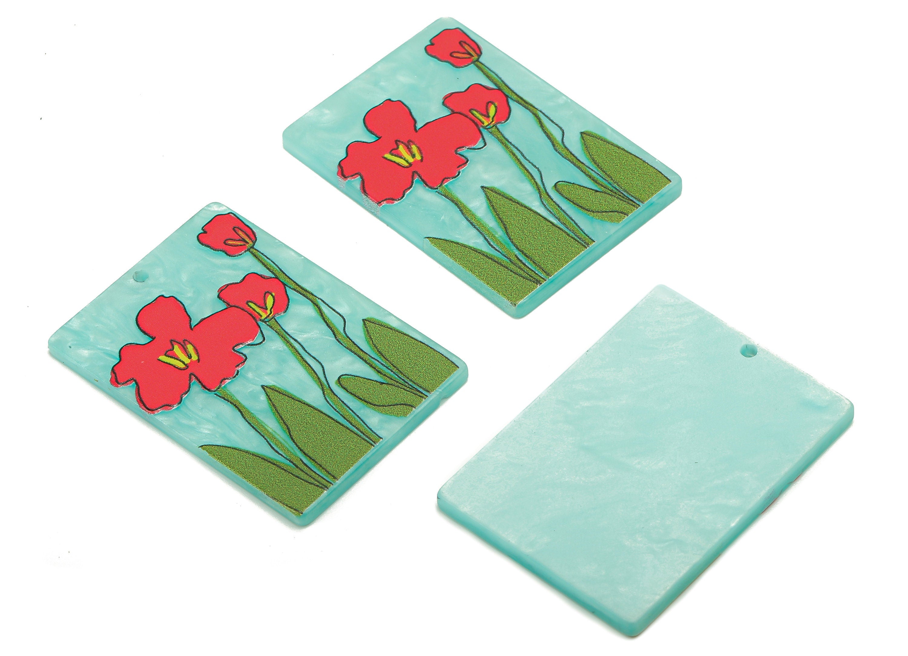 Acrylic Flower Rectangle Earring Charm - Blue Rectangle Earring - Pendant With Hole - Charm For Necklace - 37.5x26.7x2.5mm - AC2571A - DOMEDBAZAAR