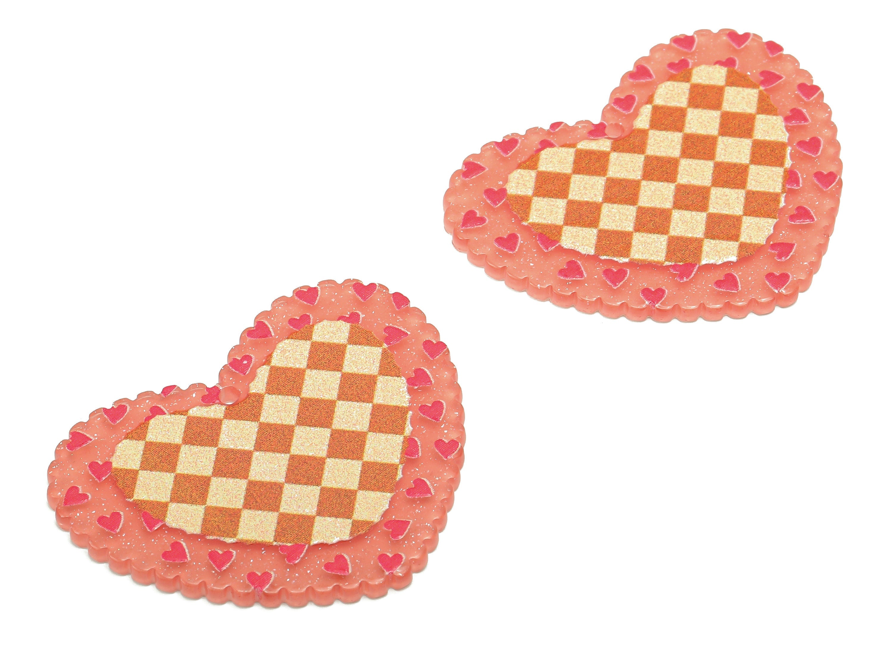 Acrylic Heart Checkered Earring Charm - Square Lattice Pink Heart Earring - Pendant With Hole - Charm For Necklace - 39.6x32.1x2.2mm -AC2573 - DOMEDBAZAAR