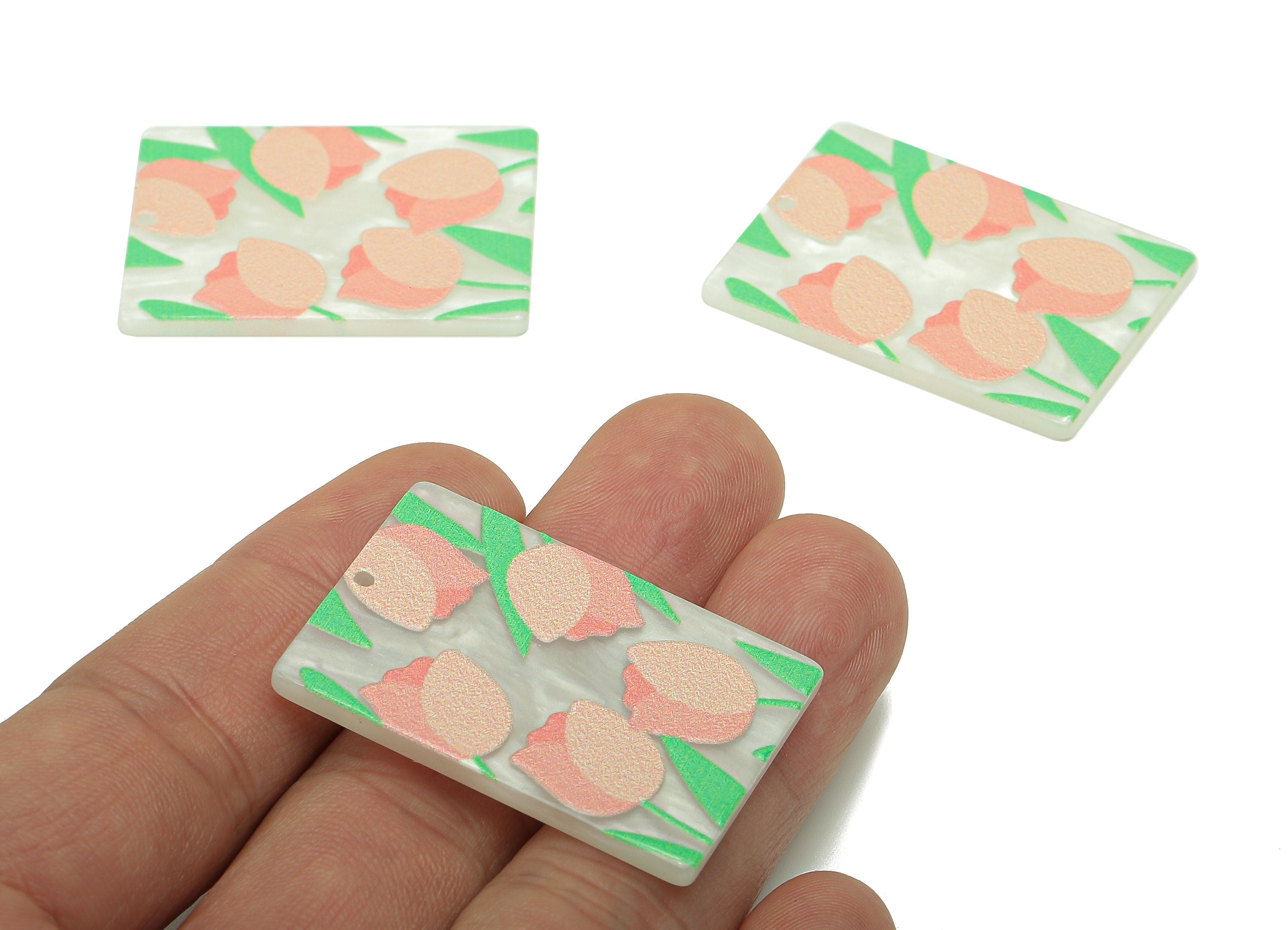 Acrylic Flower Rectangle Earring Charm - Pink Tulip Rectangle Earring - Pendant With Hole - Charm For Necklace - 37.5x26.7x2.5mm - AC2571B - DOMEDBAZAAR