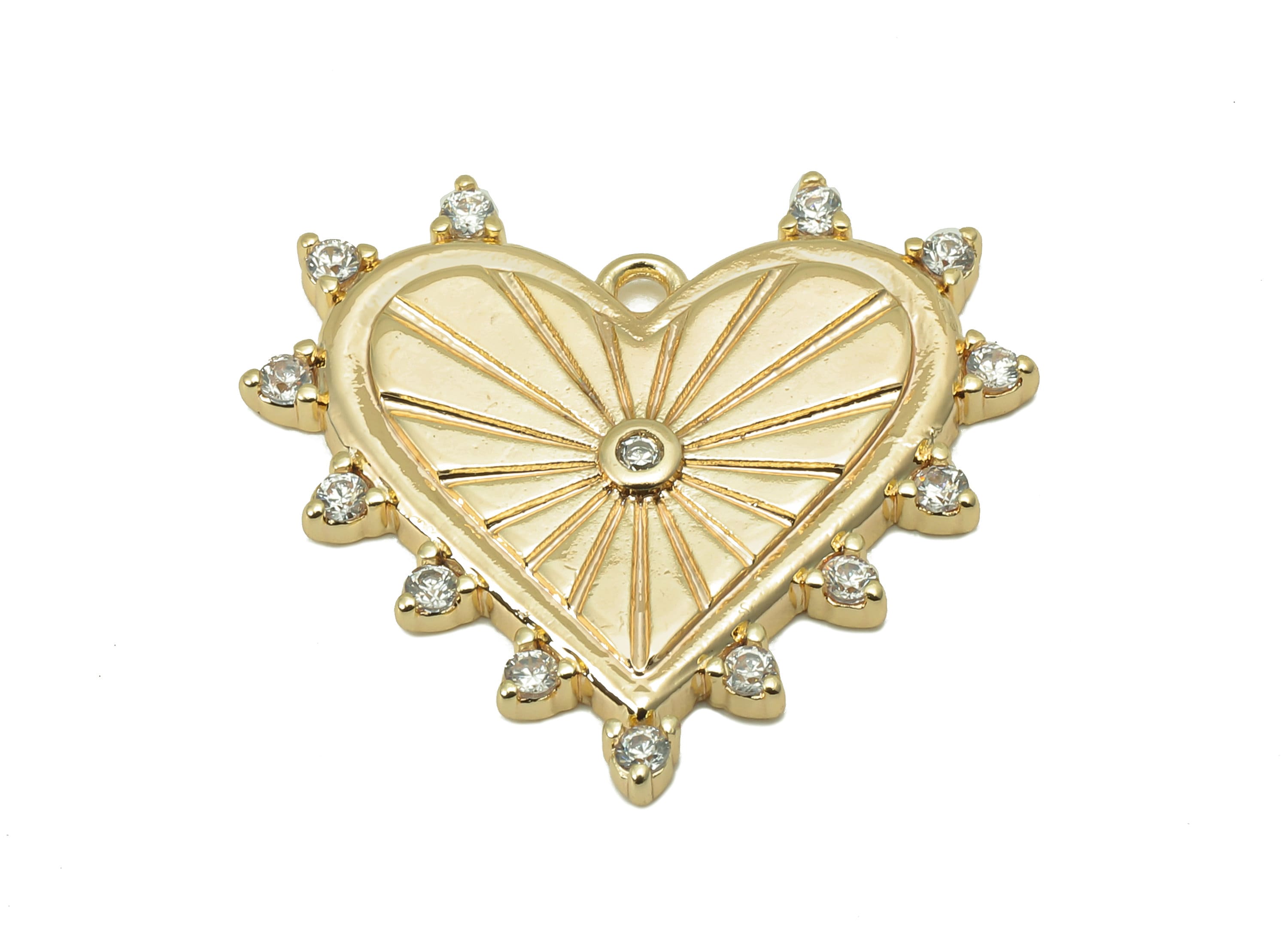 Brass CZ Heart Earring Charm - Cubic Zirconia Dots Heart Earring - Shine Pendant With Loop - 18K Real Gold Plating - 22.8x25.1x2.3mm-RGP5801 - DOMEDBAZAAR