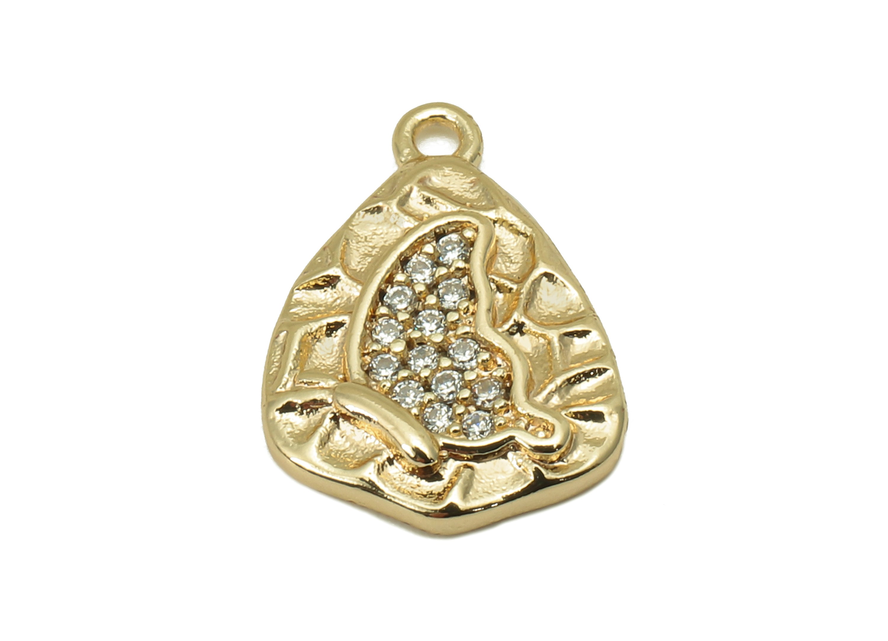 Brass CZ Hammered Butterfly Charm - Cubic Zirconia Mini Oval Earring - Pendant With Loop - 18K Real Gold Plating - 14.3x10.1x2.2mm - RGP5806 - DOMEDBAZAAR
