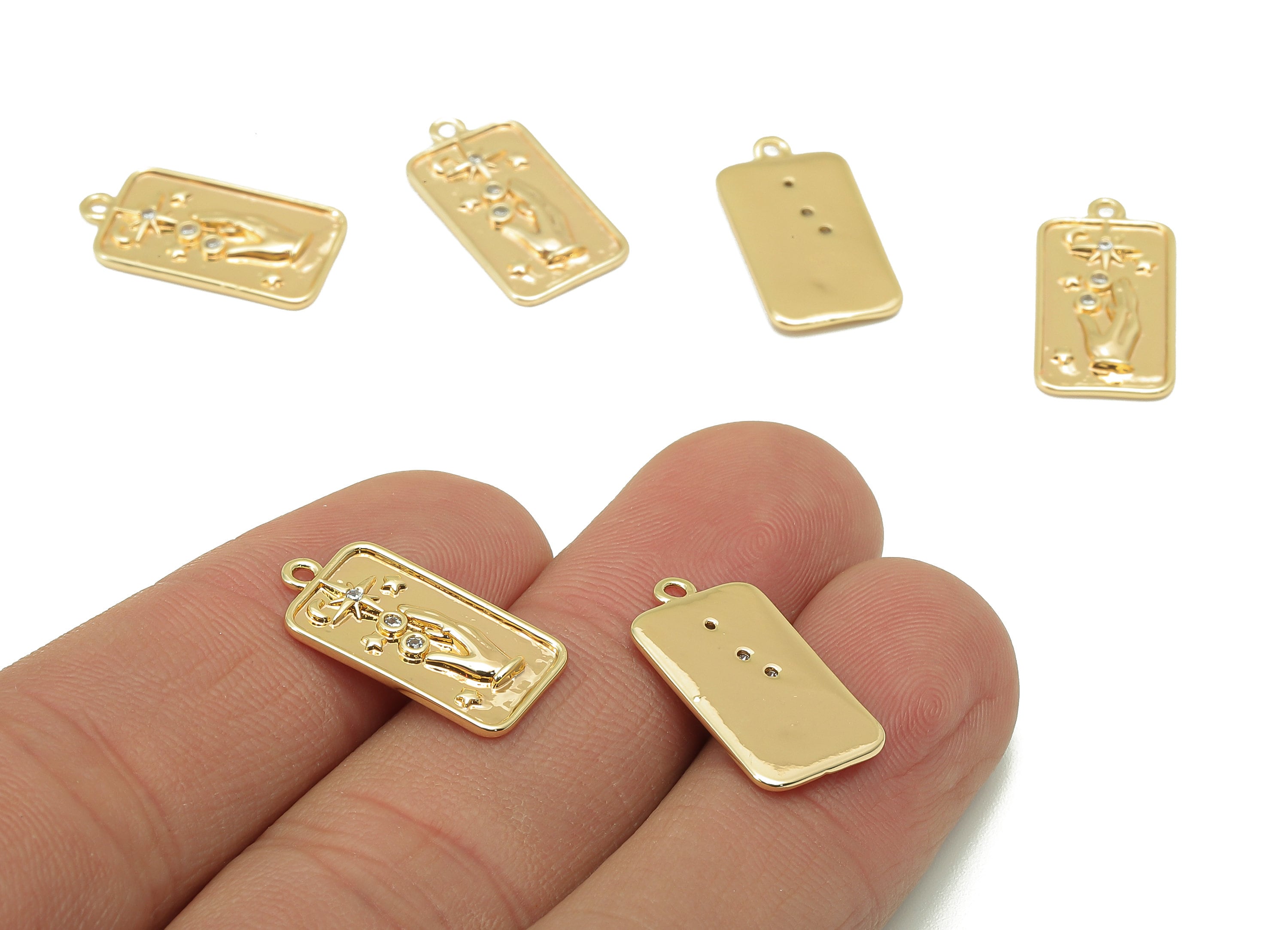 Brass CZ Hand Rectangle Charm - Cubic Zirconia Star Rectangle Earring - Pendant With Loop - 18K Real Gold Plating - 18.9x10x1.2mm - RGP5805 - DOMEDBAZAAR