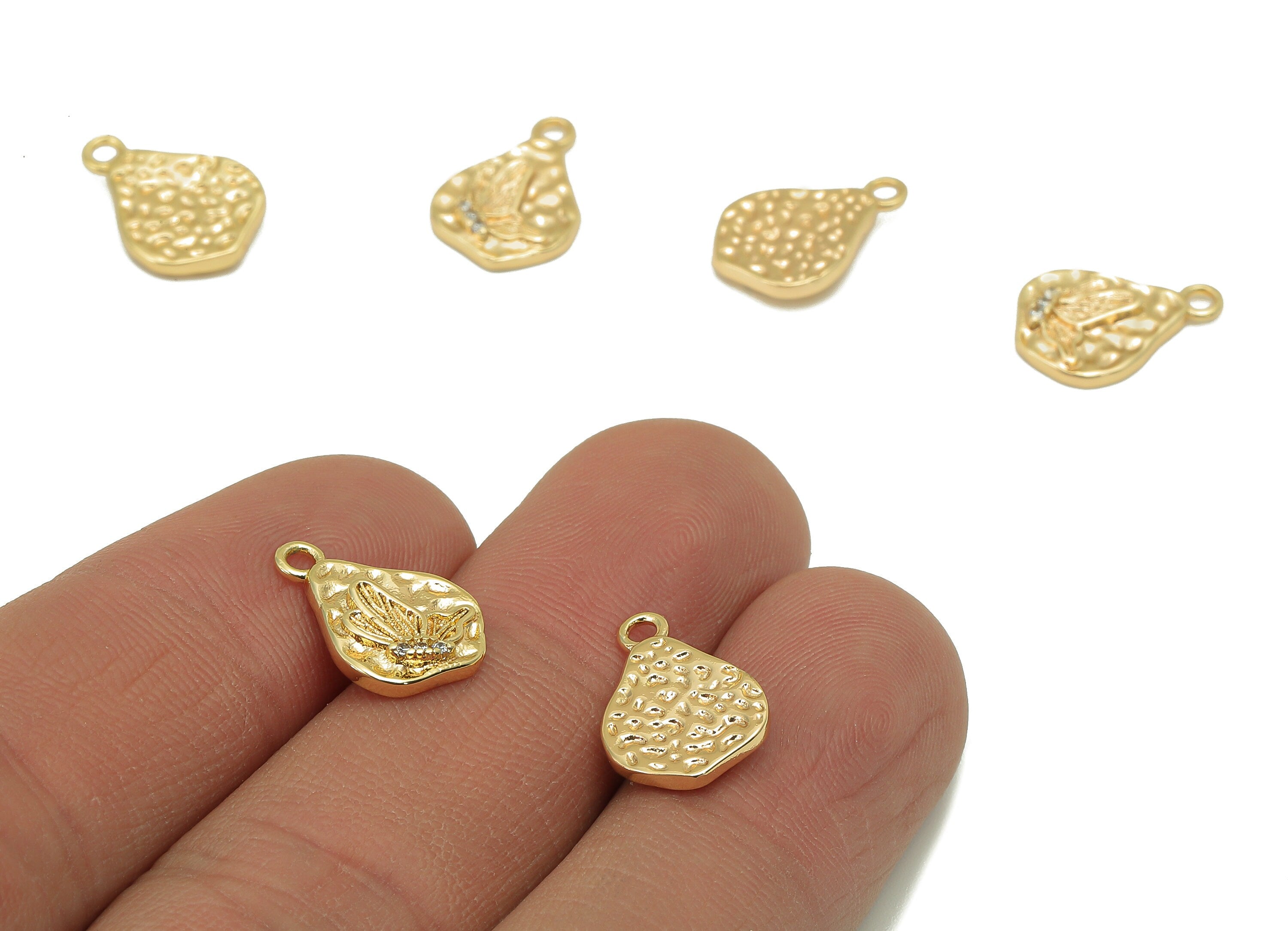 Brass CZ Hammered Butterfly Charm - Cubic Zirconia Mini Oval Earring - Pendant With Loop - 18K Real Gold Plating - 14.1x9.8x2.2mm - RGP5807 - DOMEDBAZAAR
