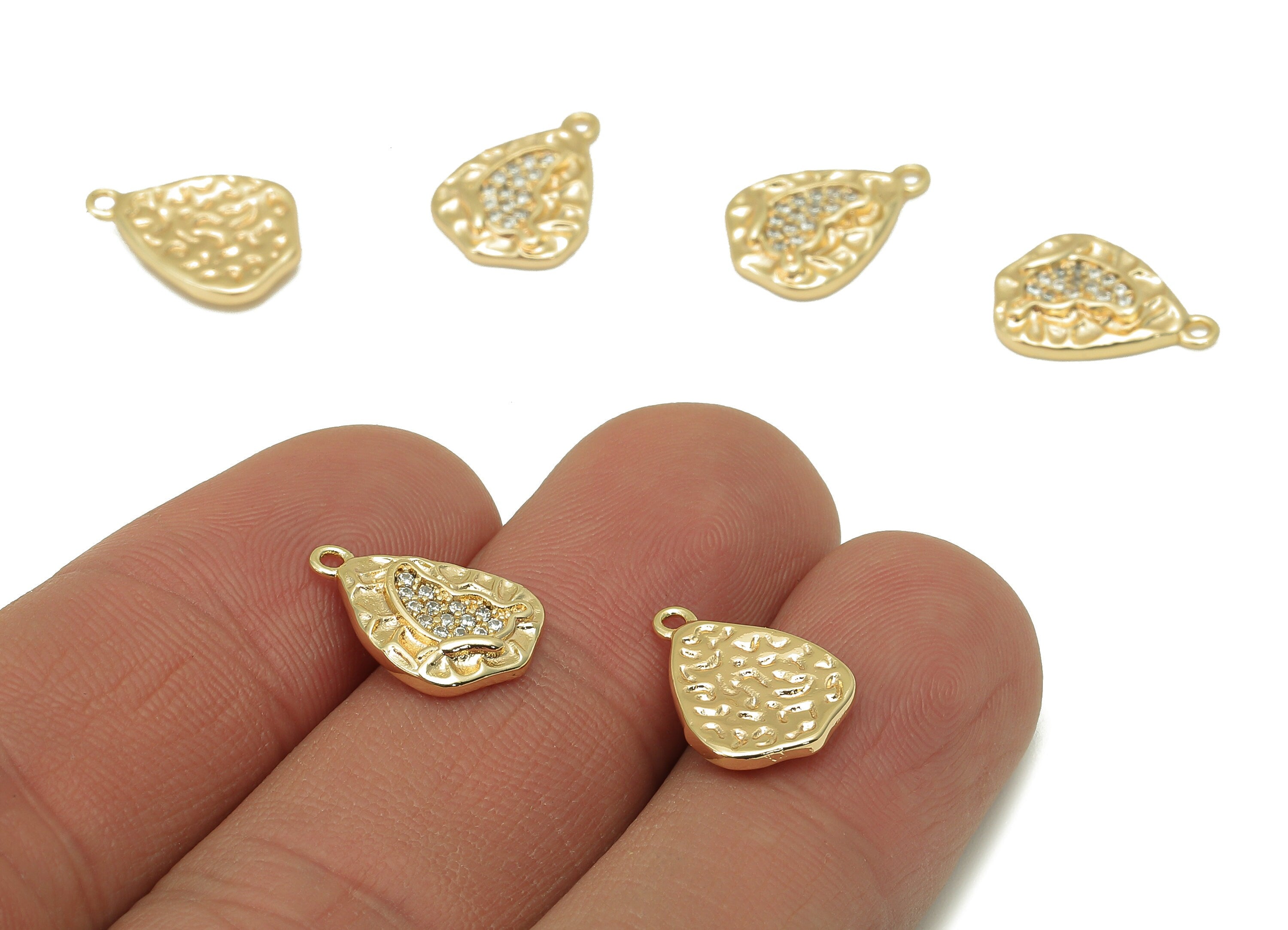 Brass CZ Hammered Butterfly Charm - Cubic Zirconia Mini Oval Earring - Pendant With Loop - 18K Real Gold Plating - 14.3x10.1x2.2mm - RGP5806 - DOMEDBAZAAR