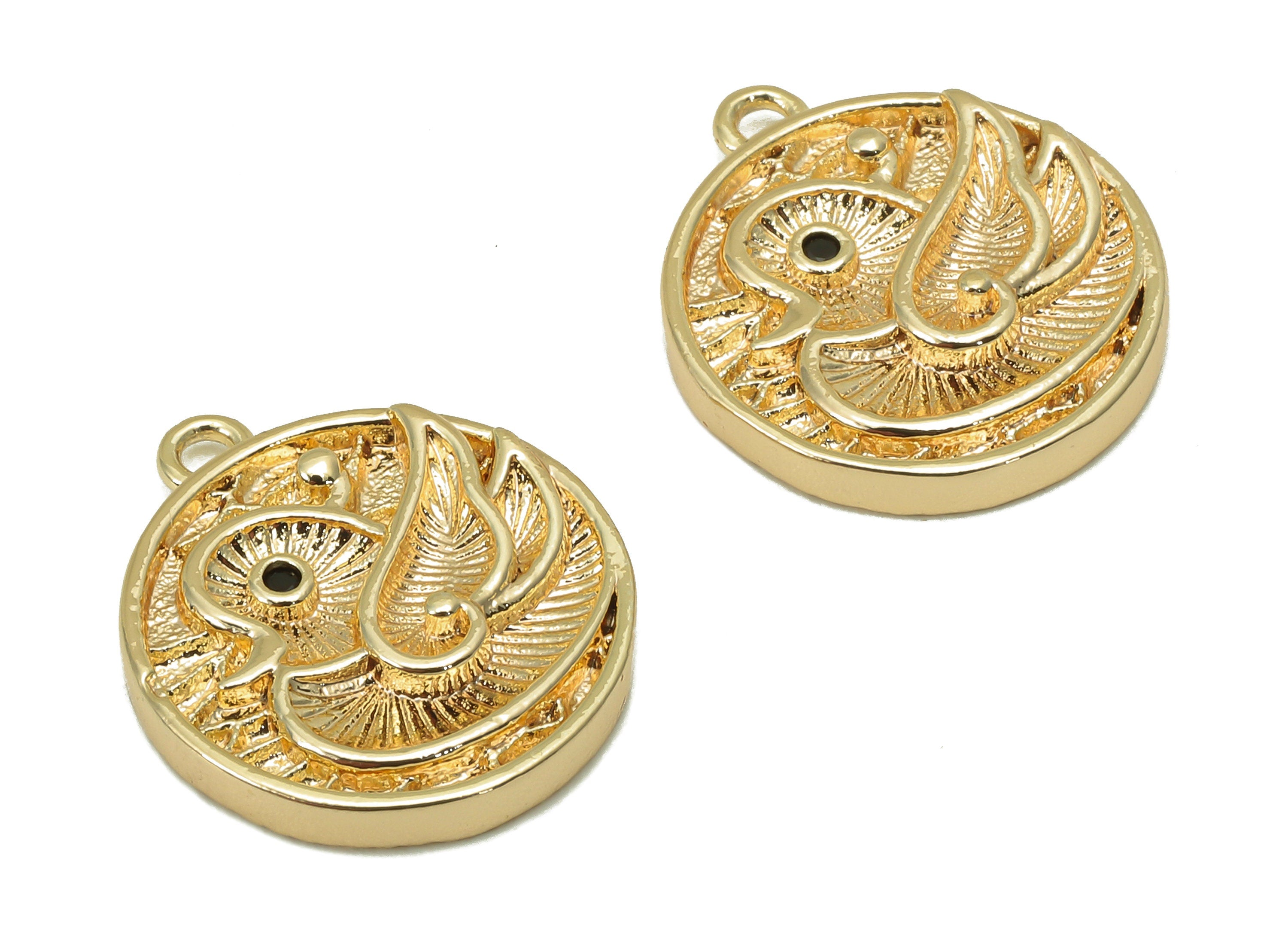 Brass CZ Round Bird Charm - Cubic Zirconia Mandarin Duck Earrings - Pendant With Loop - 18K Real Gold Plating - 17.2x14.9x2.7mm - RGP5808 - DOMEDBAZAAR