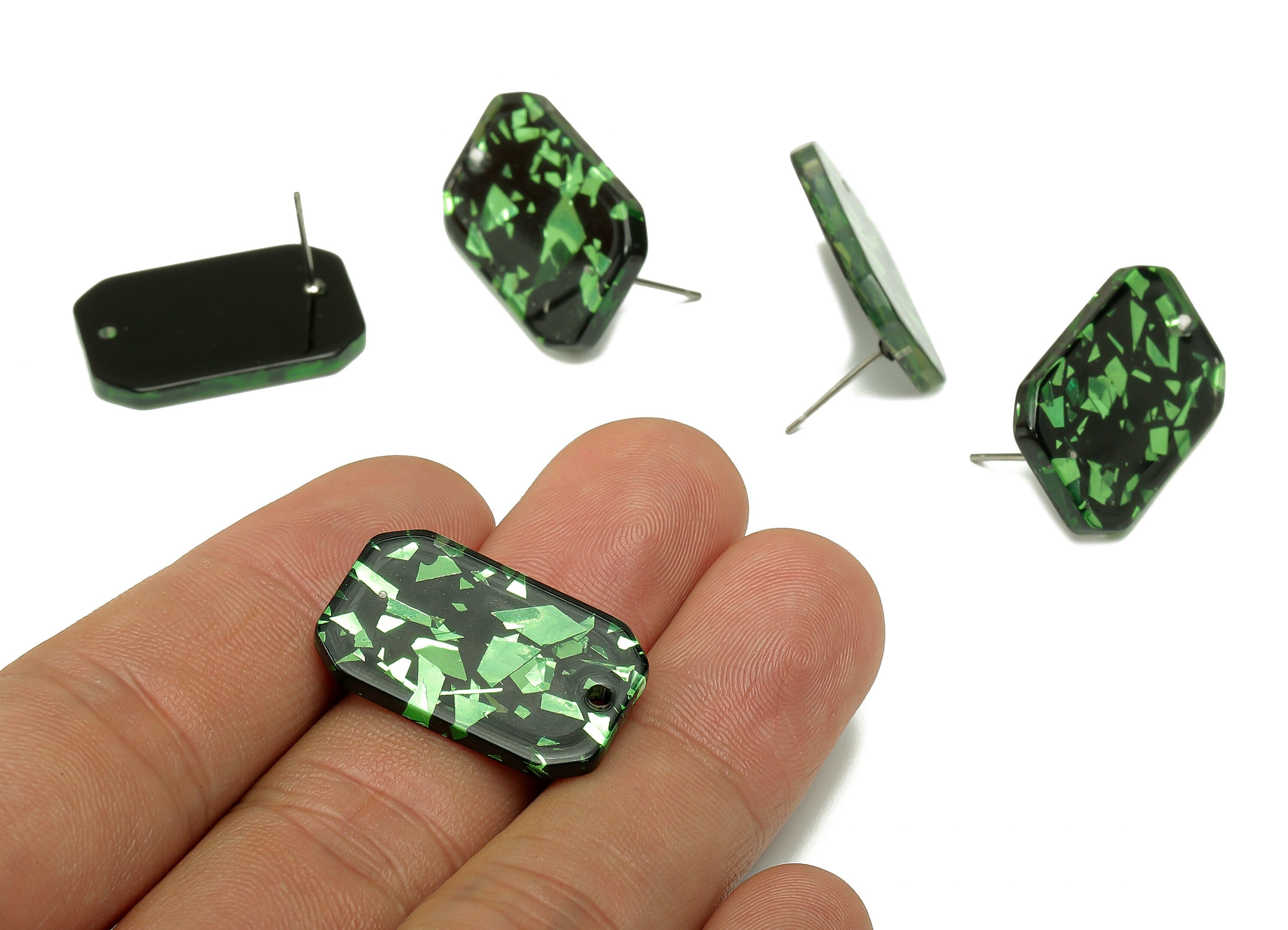Acrylic Rectangle Stud Earring - Green Foil Earring Post With Hole - 316 Stainless Steel - Color Code: A635 - 24.68x15.8x2.5mm - AC2561-A635 - DOMEDBAZAAR