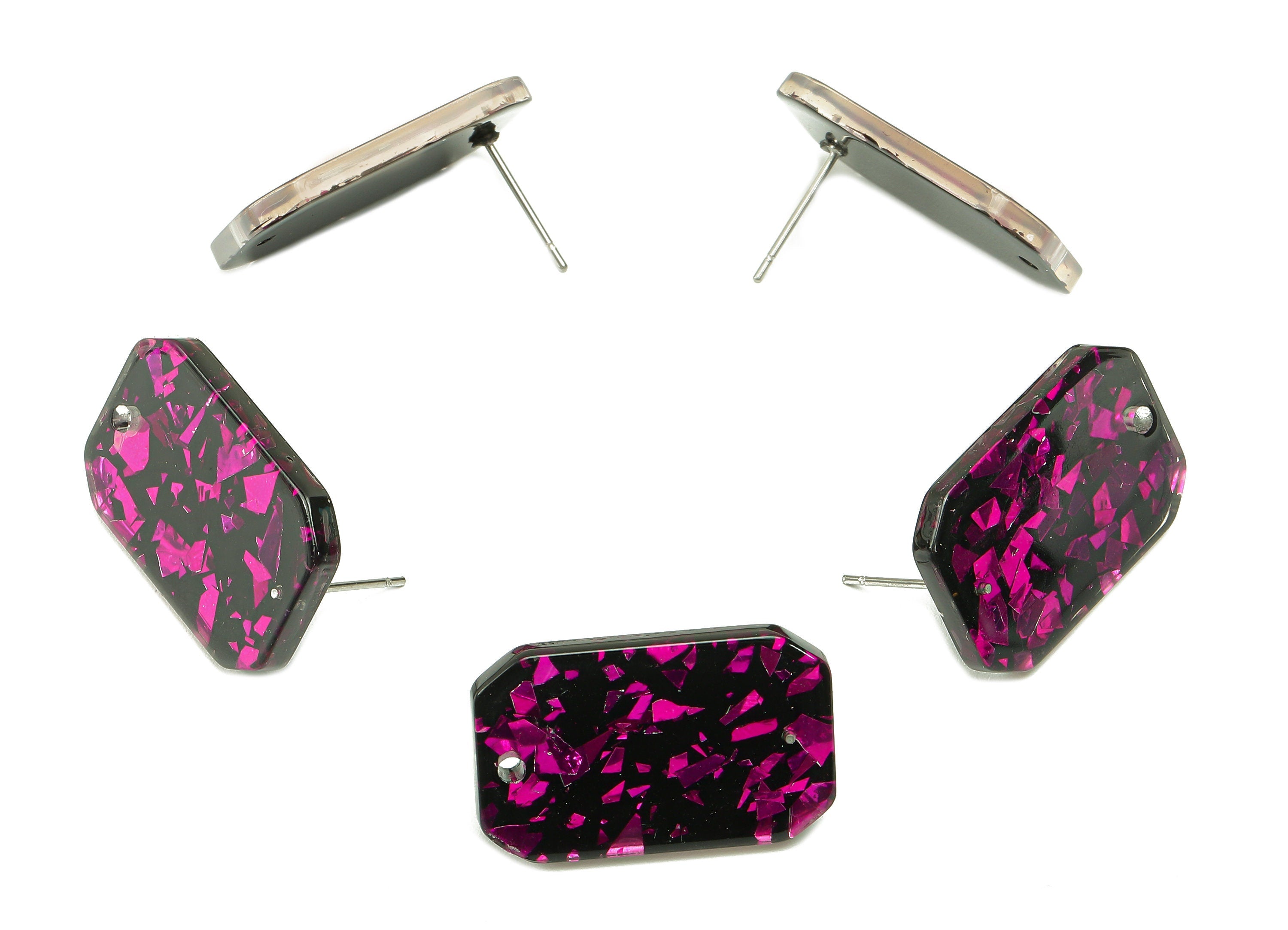 Acrylic Rectangle Stud Earring - Pink Foil Earring Post With Hole - 316 Stainless Steel - Color Code: A636 - 24.68x15.7x2.5mm - AC2561-A636 - DOMEDBAZAAR