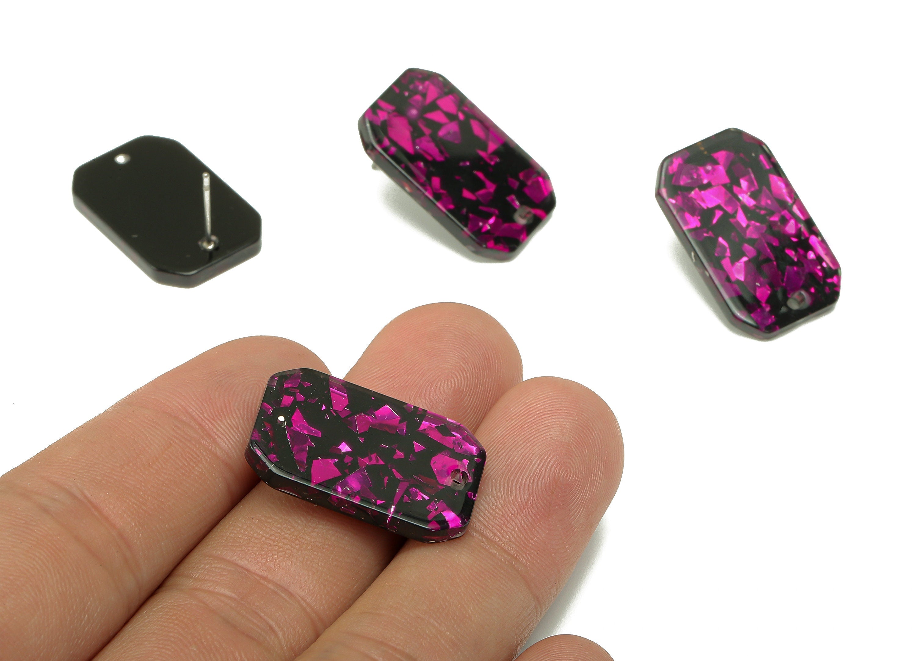 Acrylic Rectangle Stud Earring - Pink Foil Earring Post With Hole - 316 Stainless Steel - Color Code: A636 - 24.68x15.7x2.5mm - AC2561-A636 - DOMEDBAZAAR