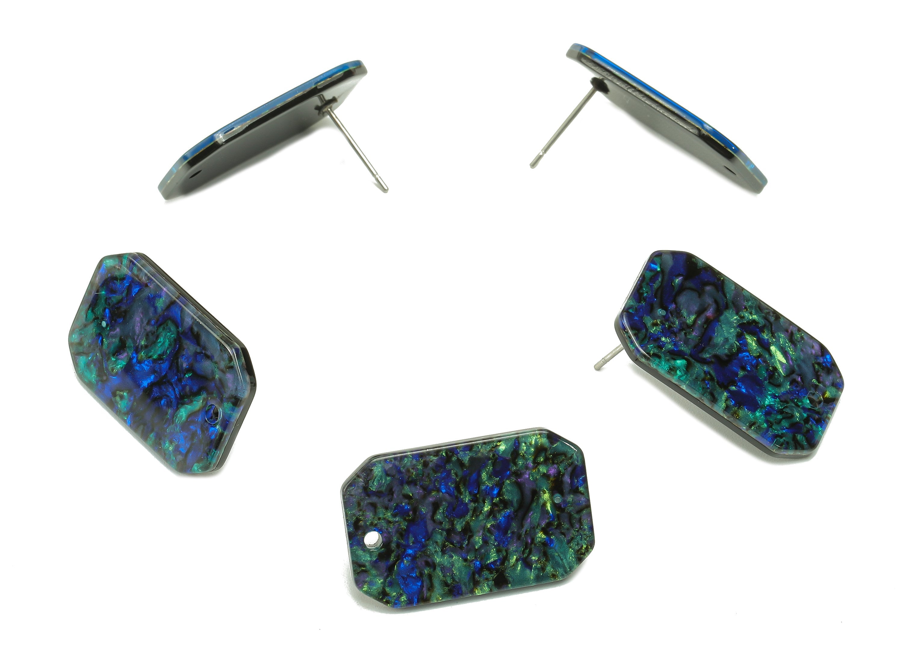 Acrylic Rectangle Stud Earring - Abalone Color Earring Post With Hole - 316 Stainless Steel - Color Code: A849 - 24.7x15.7x2mm - AC2561-A849 - DOMEDBAZAAR