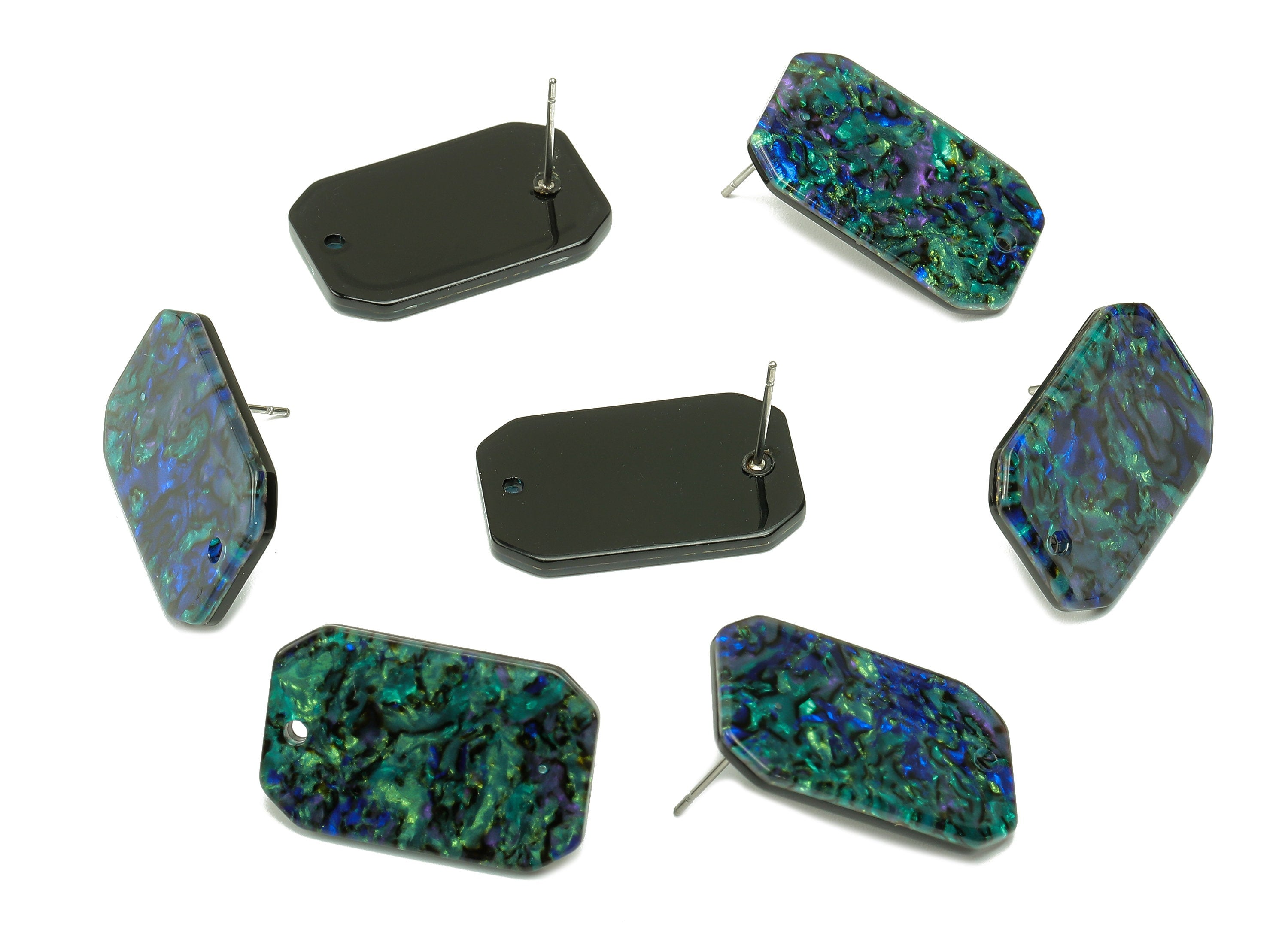 Acrylic Rectangle Stud Earring - Abalone Color Earring Post With Hole - 316 Stainless Steel - Color Code: A849 - 24.7x15.7x2mm - AC2561-A849 - DOMEDBAZAAR