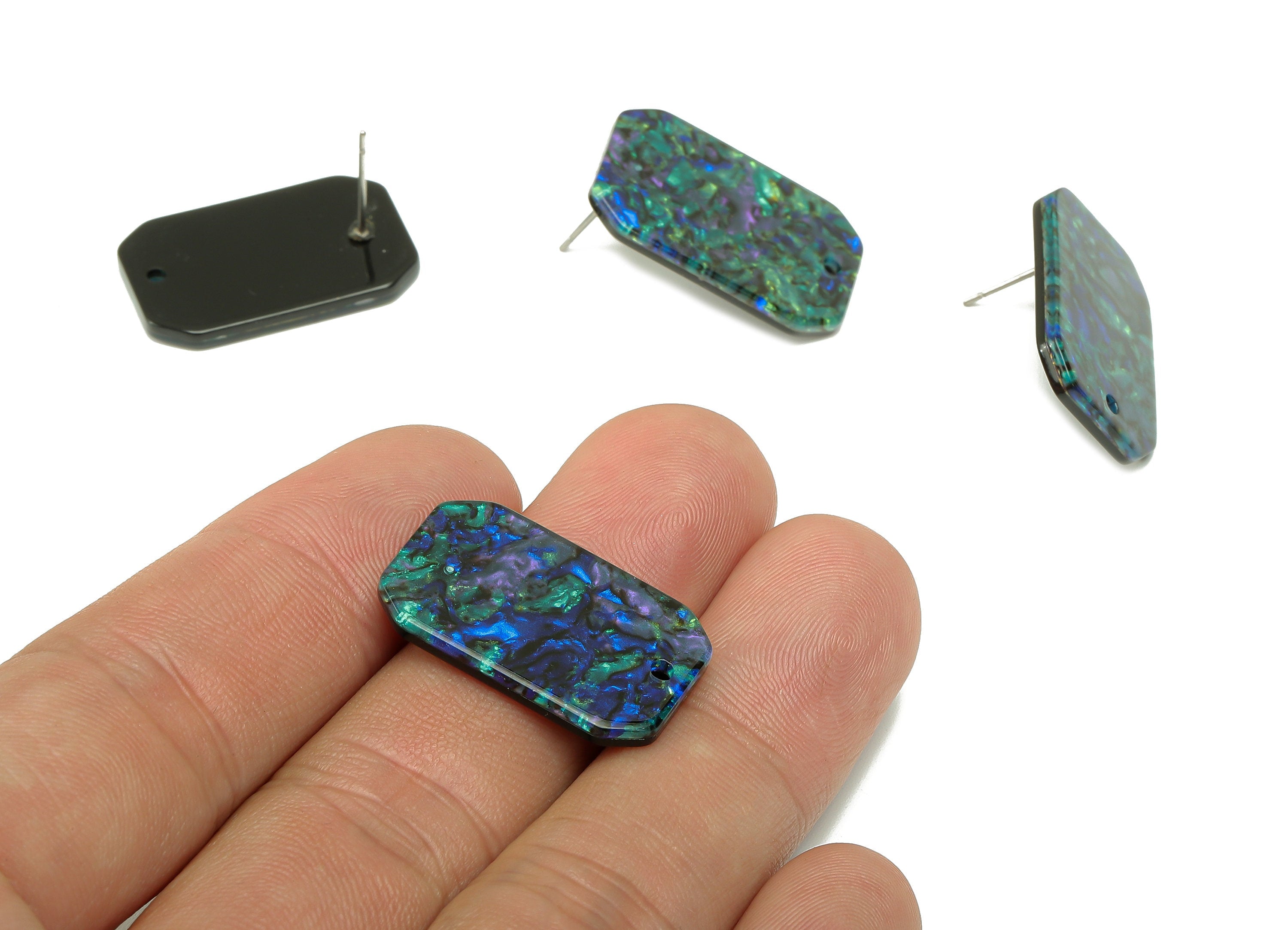 Acrylic Rectangle Stud Earring - Abalone Color Earring Post With Hole - 316 Stainless Steel - Color Code: A849 - 24.7x15.7x2mm - AC2561-A849 - DOMEDBAZAAR