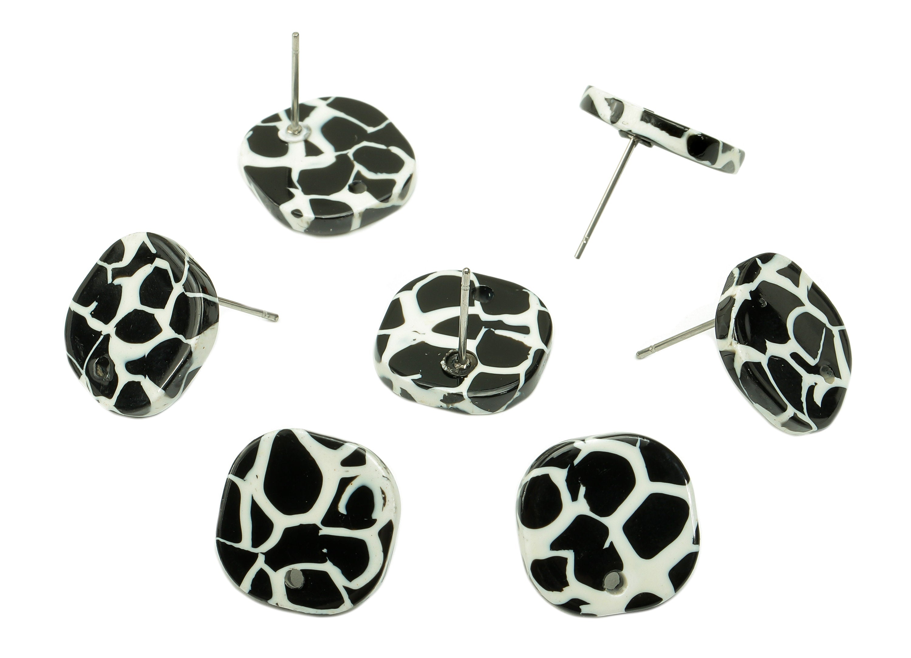 Acetate Oval Square Stud Earring - Black And White Earring Post With Hole - 316 Stainless Steel - Color Code: A837-14.7x14.6x3mm-AC2562-A837 - DOMEDBAZAAR