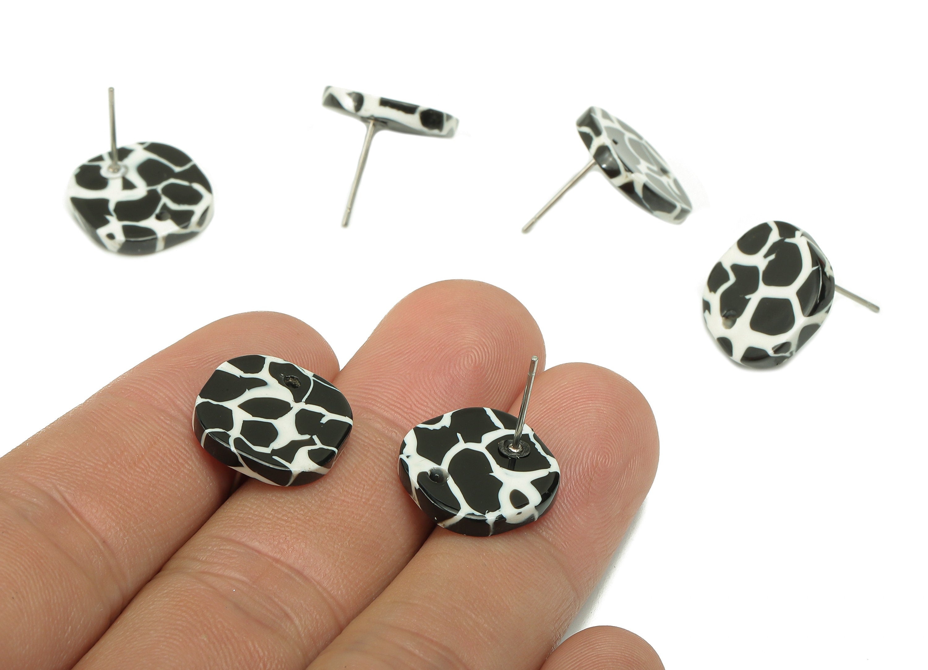 Acetate Oval Square Stud Earring - Black And White Earring Post With Hole - 316 Stainless Steel - Color Code: A837-14.7x14.6x3mm-AC2562-A837 - DOMEDBAZAAR
