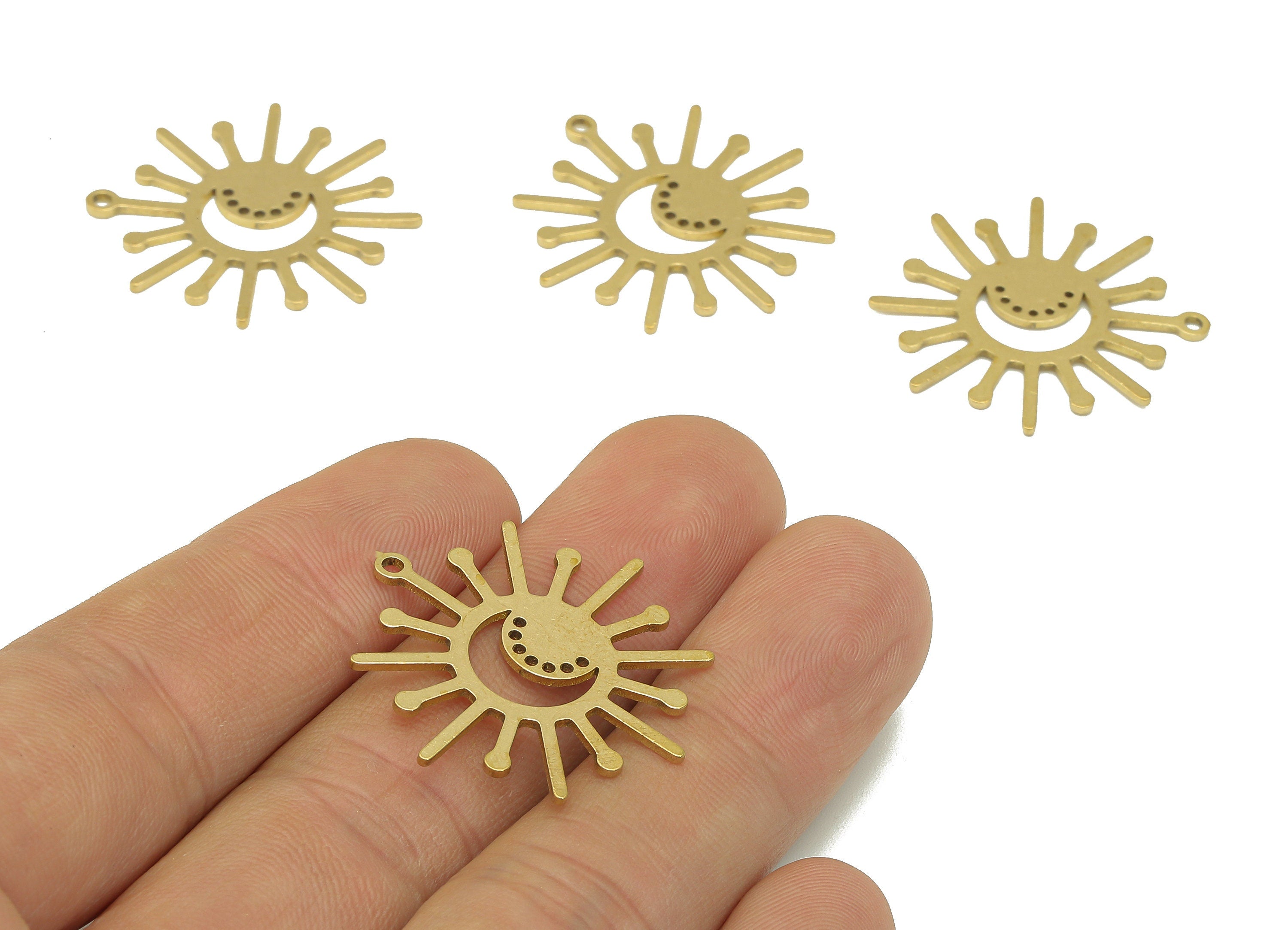 Brass Sun Crescent Earring Charm - Raw Brass Celestial Sun Moon Earring - Crescent Dots Pendant With Loop - For Necklace - 34x16x1mm-PPA6662 - DOMEDBAZAAR