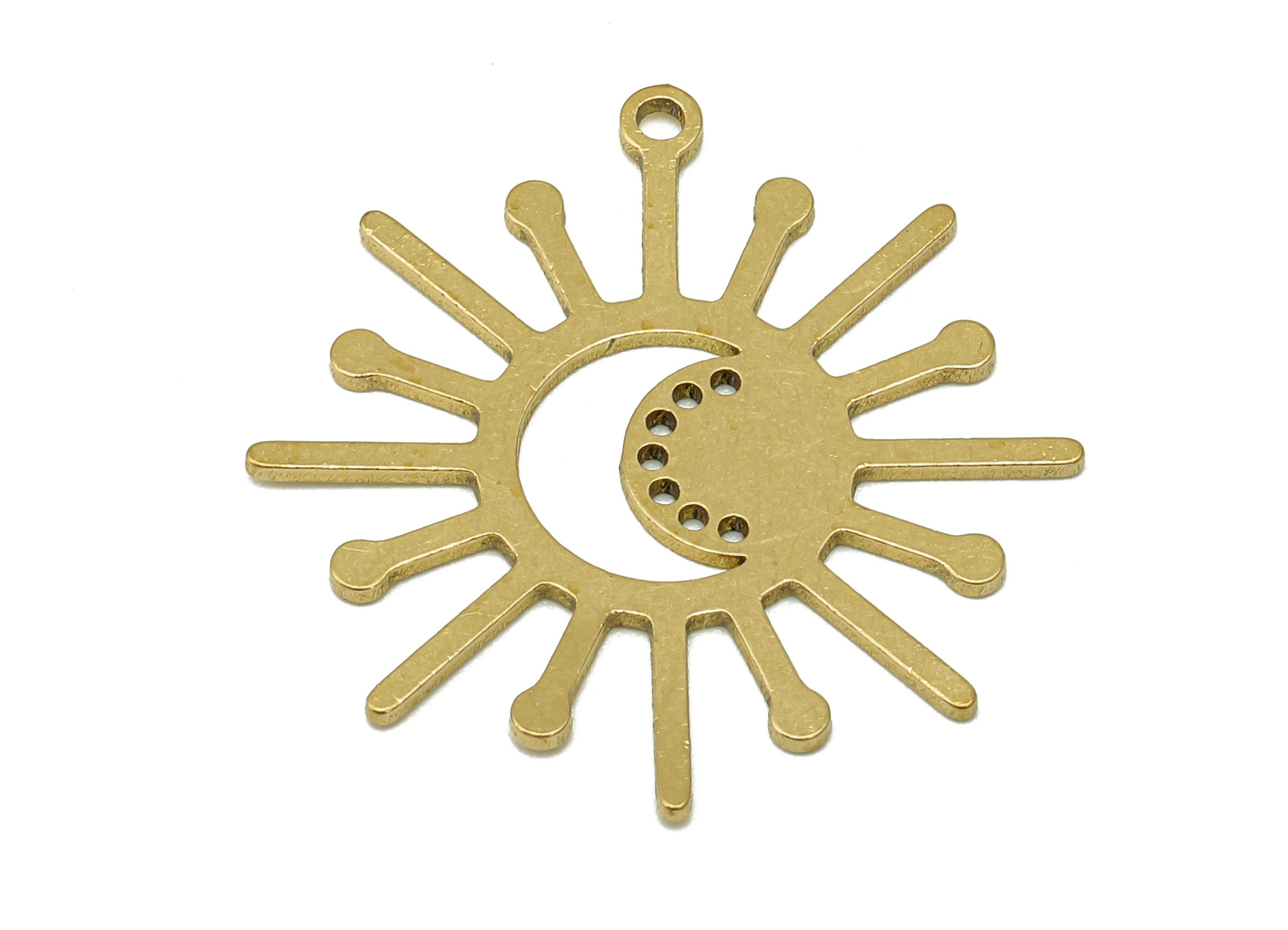 Brass Sun Crescent Earring Charm - Raw Brass Celestial Sun Moon Earring - Crescent Dots Pendant With Loop - For Necklace - 34x16x1mm-PPA6662 - DOMEDBAZAAR