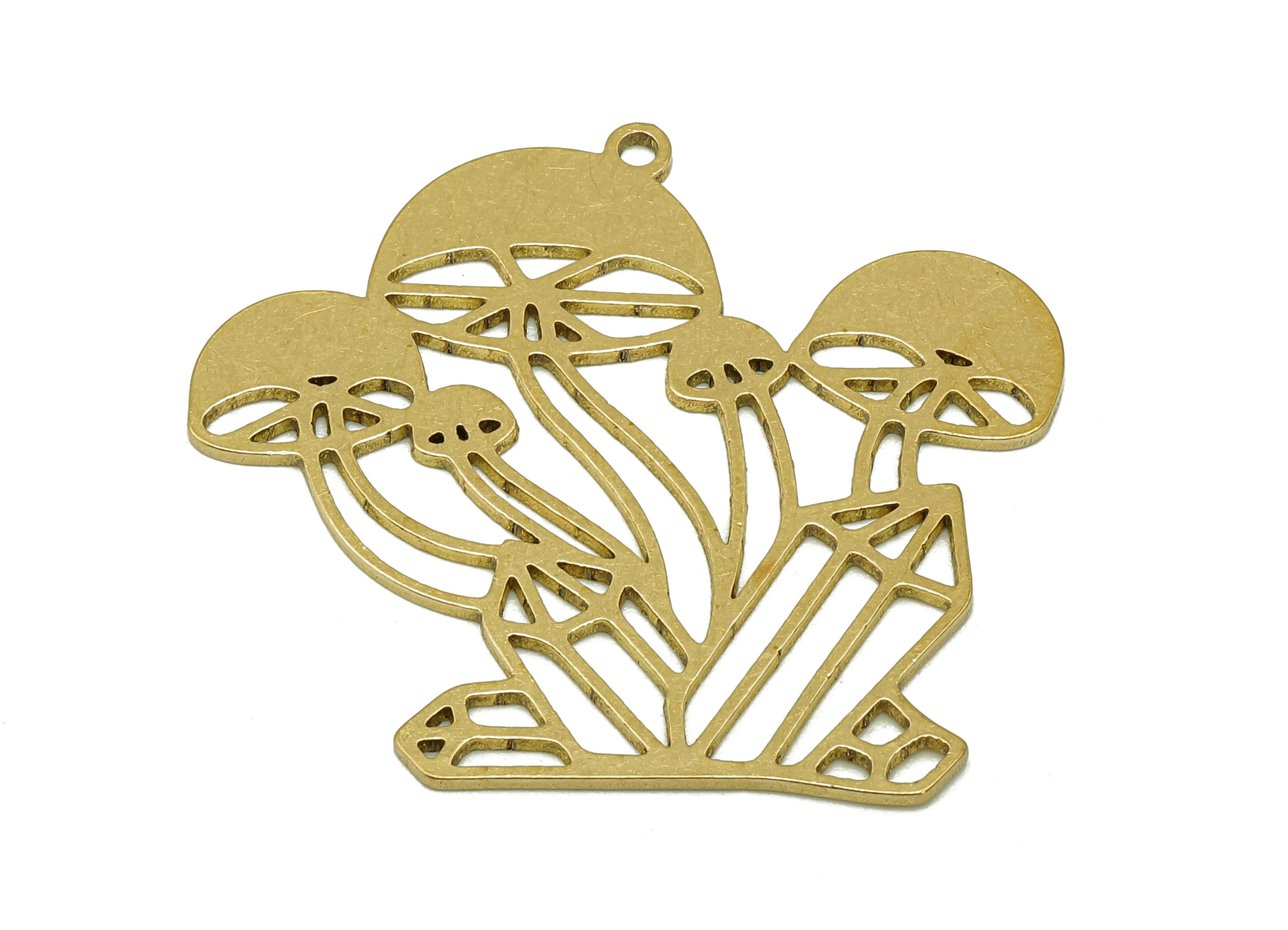 Brass Mushroom Earring Charms - Raw Brass Crystal Pattern Earring - Fungus Pendant With Loop - Botanical Charms- 37.1x32.3x0.9mm - PPA6671 - DOMEDBAZAAR