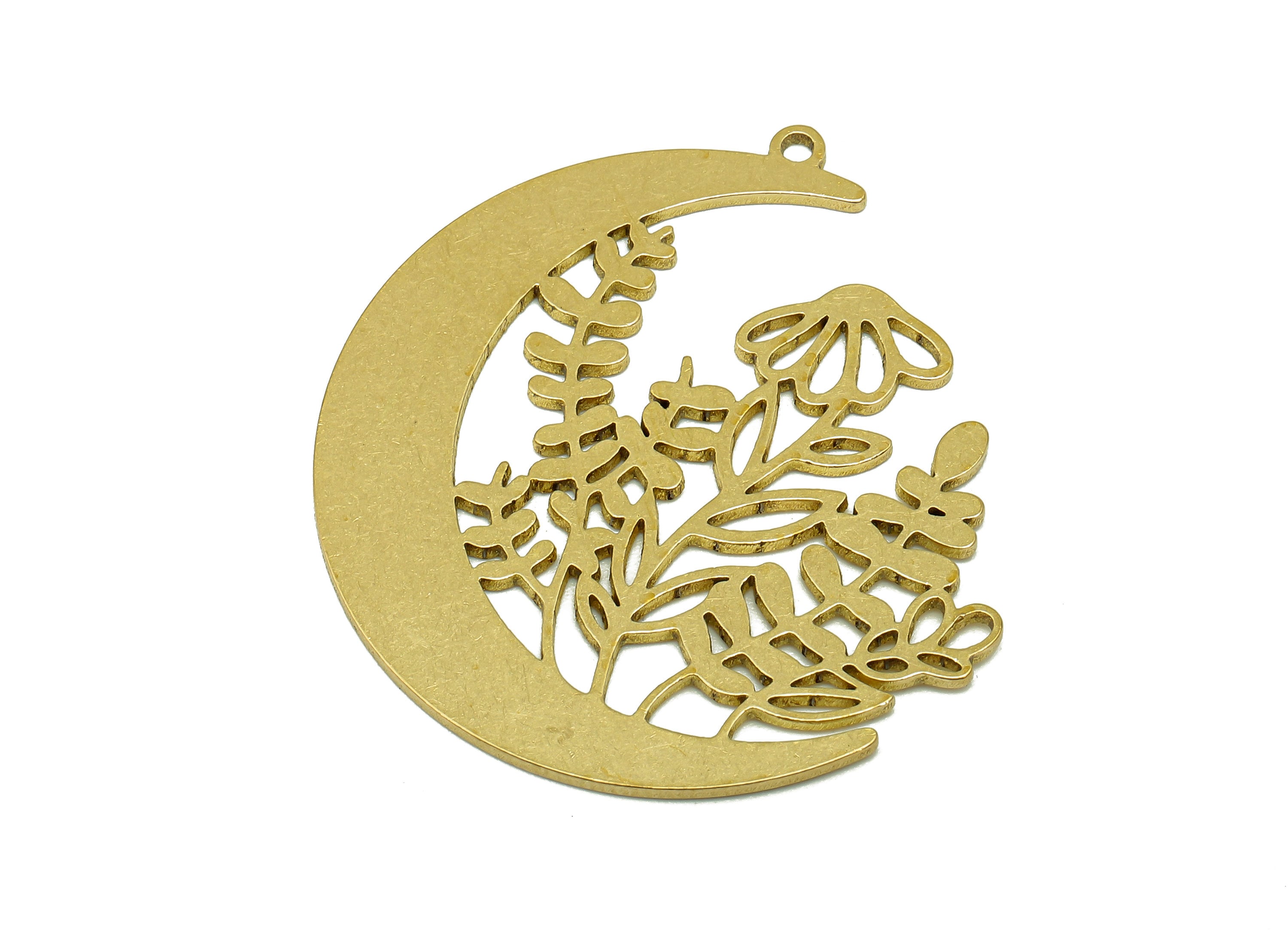 Brass Crescent Earring Charm - Raw Brass Moon Botanical Pendant - Leaves Earring With Loop - Flower Charm For Necklace - 36x34x1mm - PPA6677 - DOMEDBAZAAR