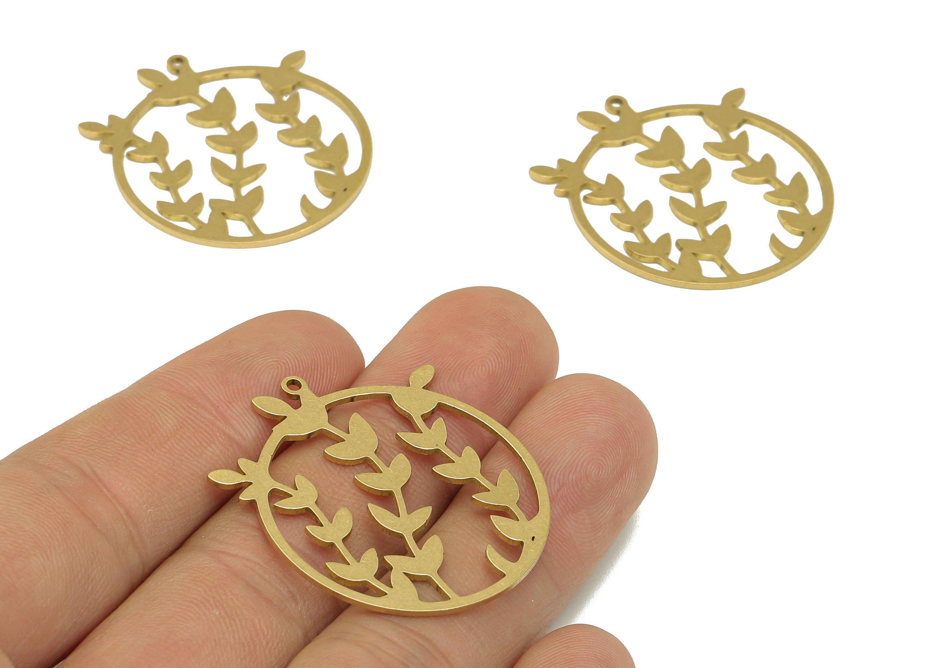 Brass Round Leaf Earring Charm - Raw Brass Circle Earring - Branch Pendant With Loop - Leaves Charm For Necklace - 35.9x31.4x0.9mm - PPA6719 - DOMEDBAZAAR