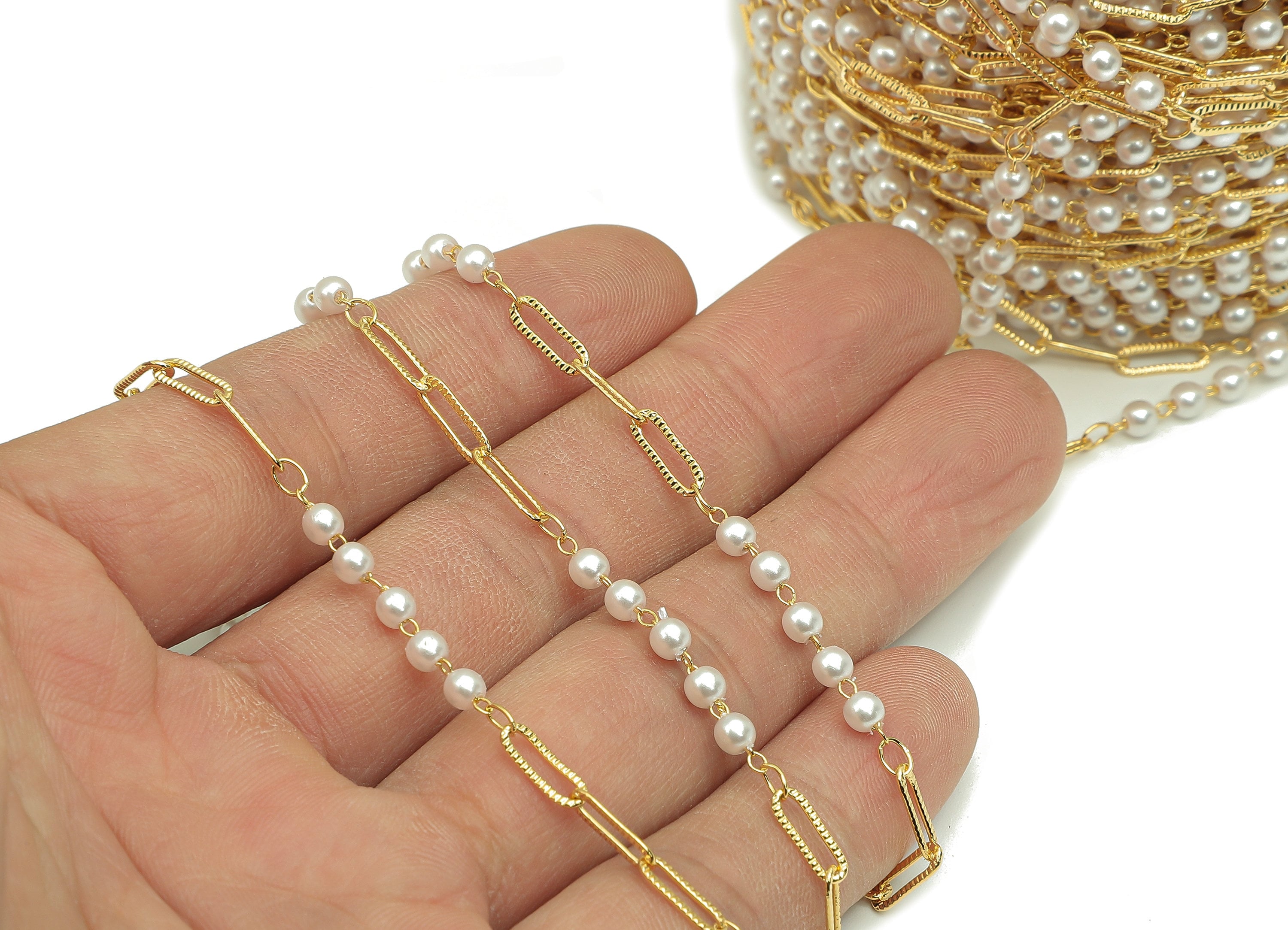 Brass Pearl Beaded Chain - Textured Oval Rectangle Cable Chain - For Necklace - For Bracelet - 18K Real Gold Plating - 3.3x3.3x2.9mm-RGP5656 - DOMEDBAZAAR