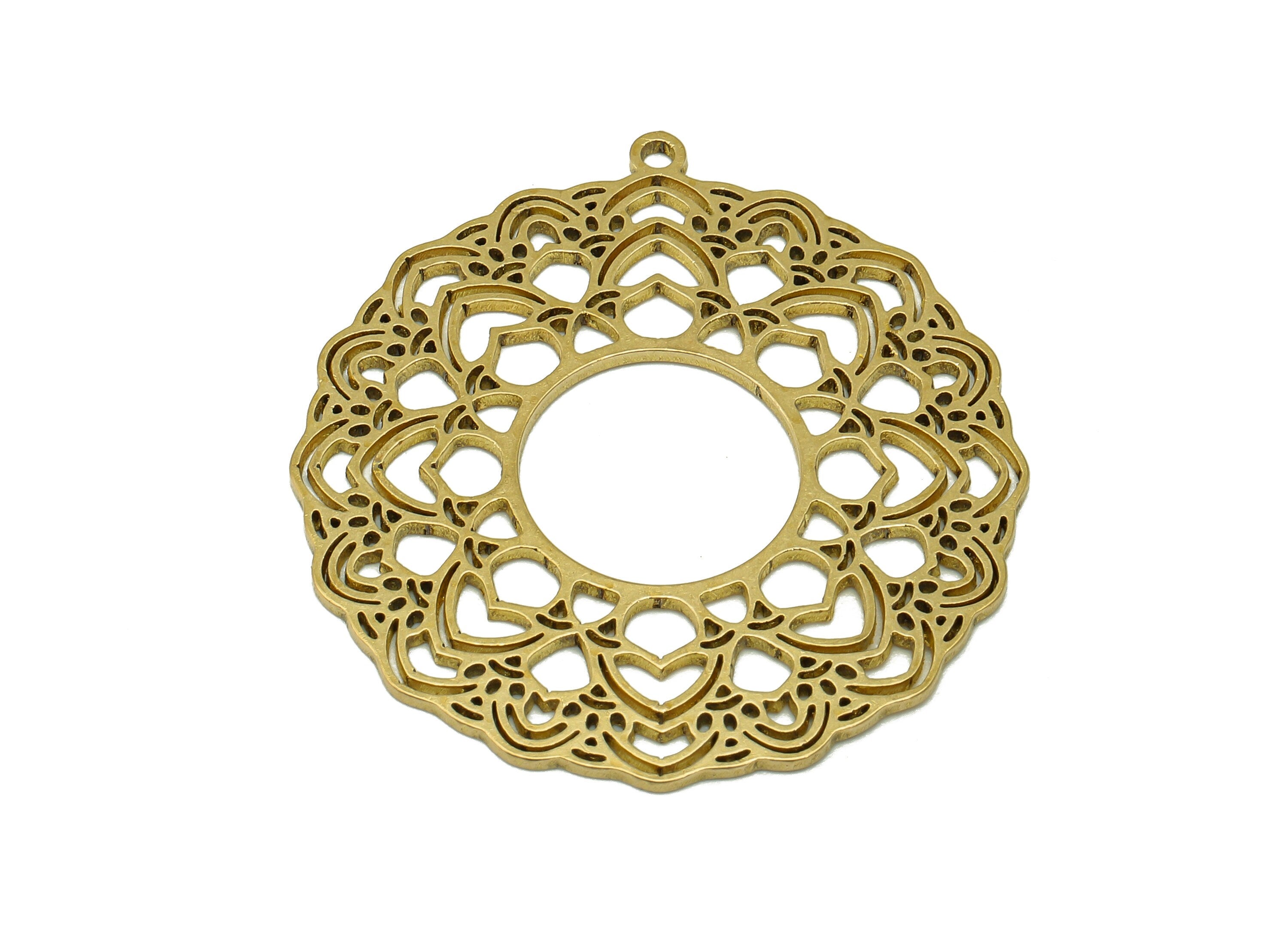 Brass Sunflower Earring Charms - Raw Brass Hollow Flower Earring - Botanical Pendant With Loop - For Necklace - 37.9x35.7x0.9mm - PPA6819 - DOMEDBAZAAR