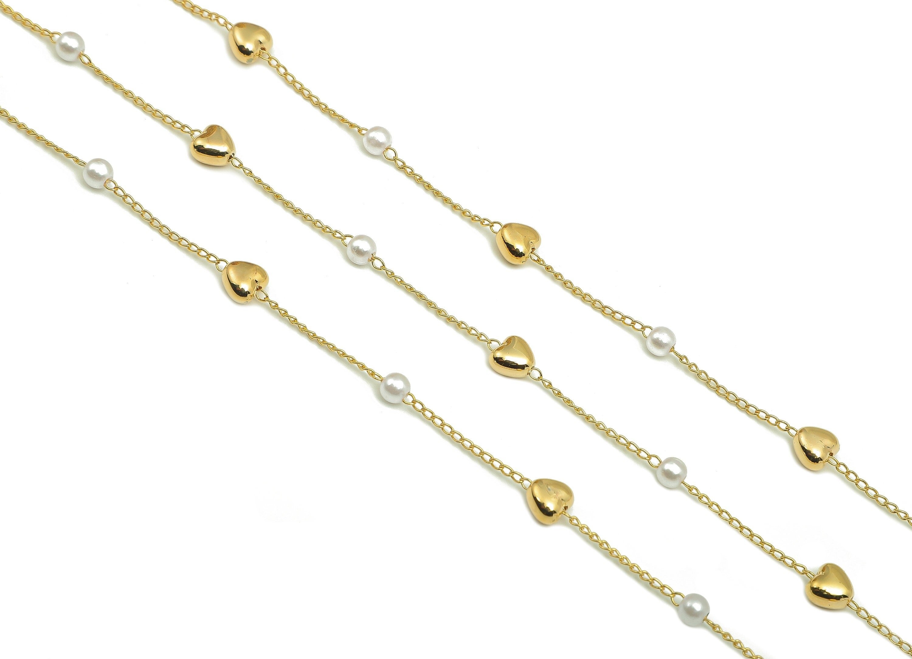 Brass Beaded Chain - Pearl Satellite Curb Chain - Soldered Heart Bead Chain - For Necklace - 18K Real Gold Plating - 6.3x5.9x3.9mm - RGP5681 - DOMEDBAZAAR