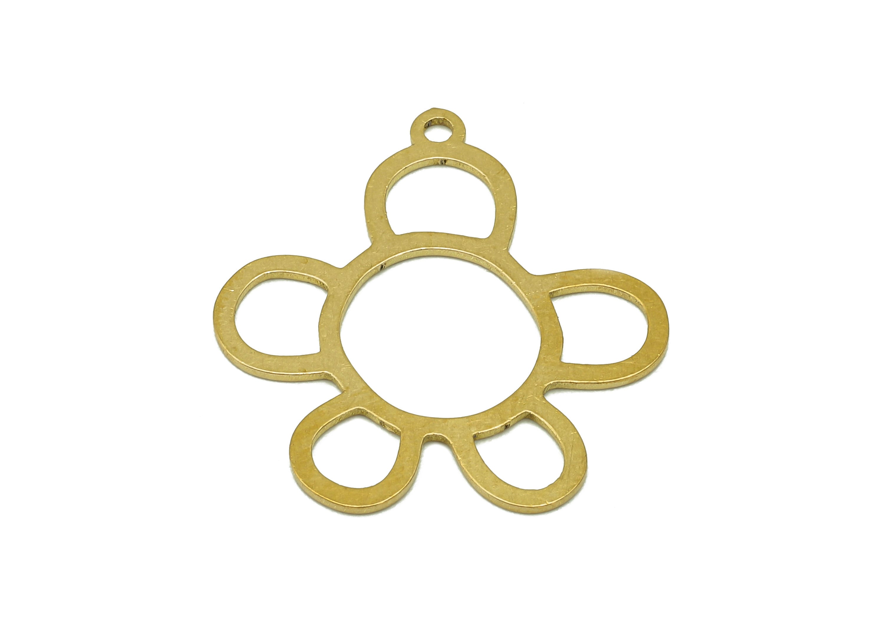 Brass Flower Earring Charms - Raw Brass Hollow Circle Earring - Botanical Pendant With Loop - For Necklace - 34.61x26.61x0.78mm - PPA6929 - DOMEDBAZAAR
