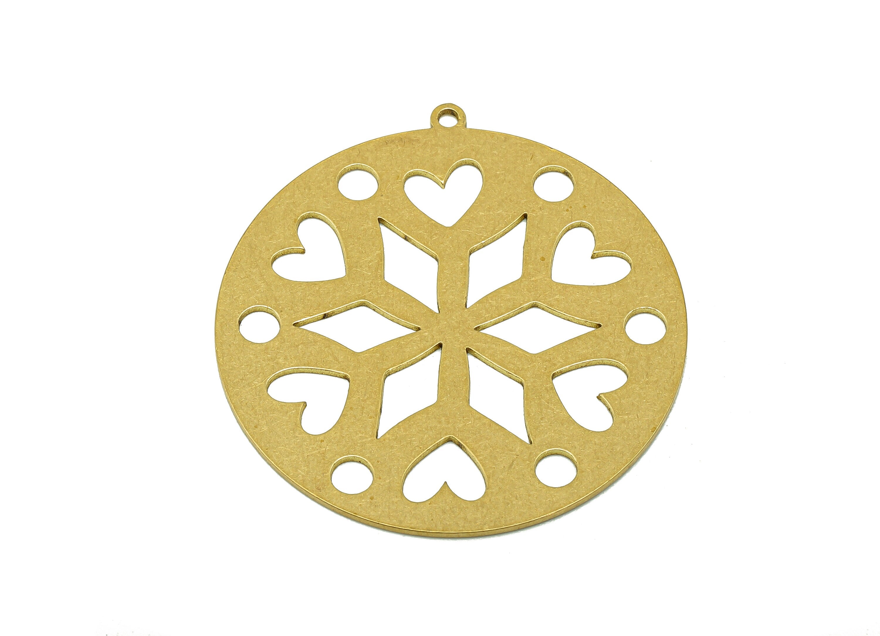 Brass Round Flower Earring Charm - Raw Brass Heart Cutout Earring - Diamond Pendant With Loop - Circle Charm - 37.81x35.63x0.68mm - PPA7006 - DOMEDBAZAAR