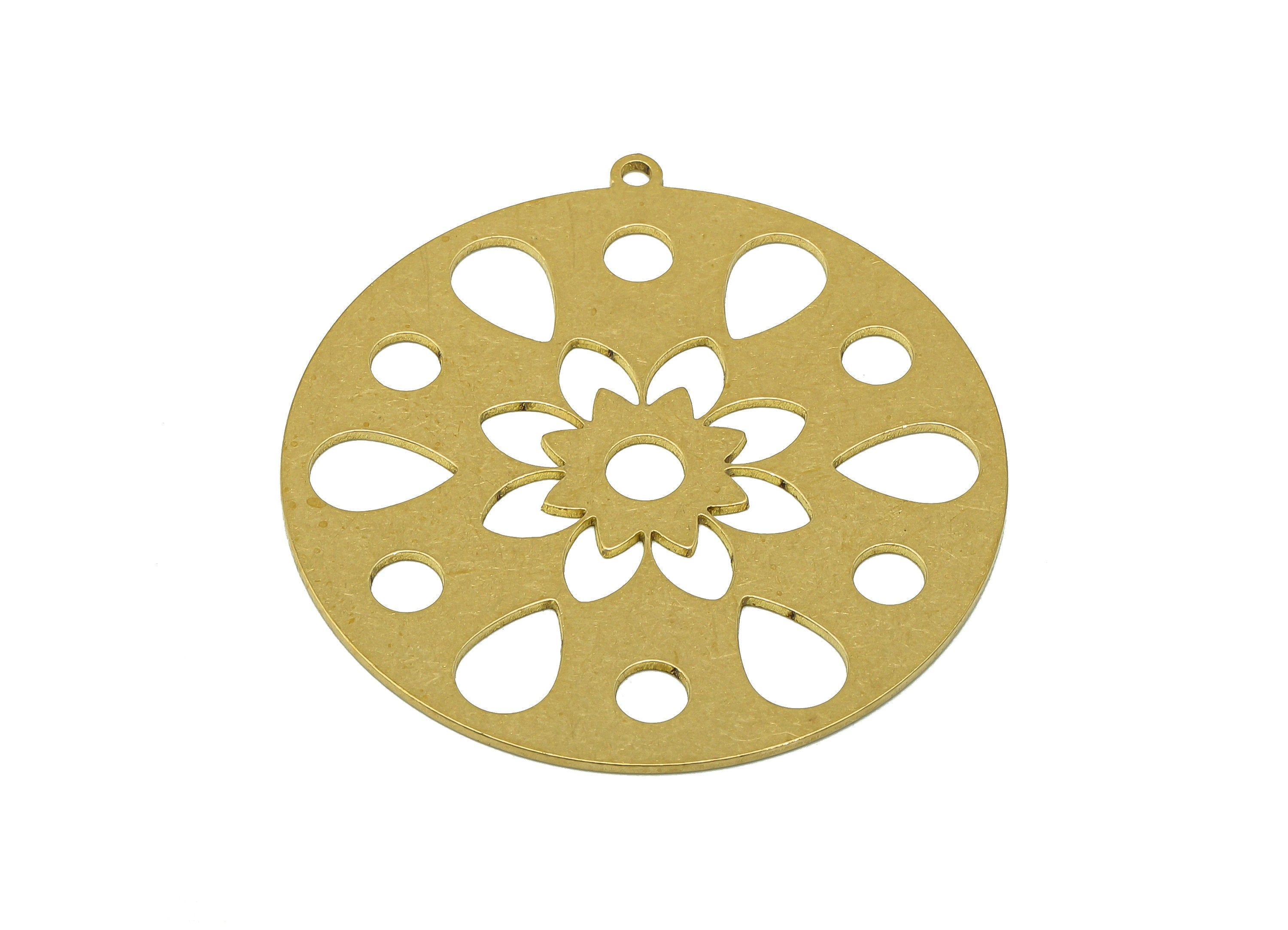 Brass Round Flower Earring Charm - Raw Brass Drop Cutout Earring - Circle Pendant With Loop - For Necklace - 39.89x37.69x0.68mm - PPA7008 - DOMEDBAZAAR