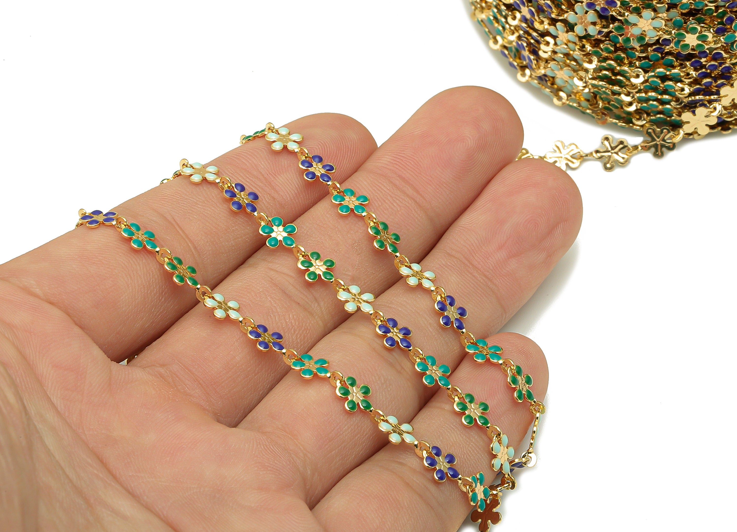 Enamel Daisy Chain - Satellite Bead Cable Chain - Green Navy Flower Bead Chain - 18K Chains - 9.48x5.9x0.77mm - RGP5798A - DOMEDBAZAAR