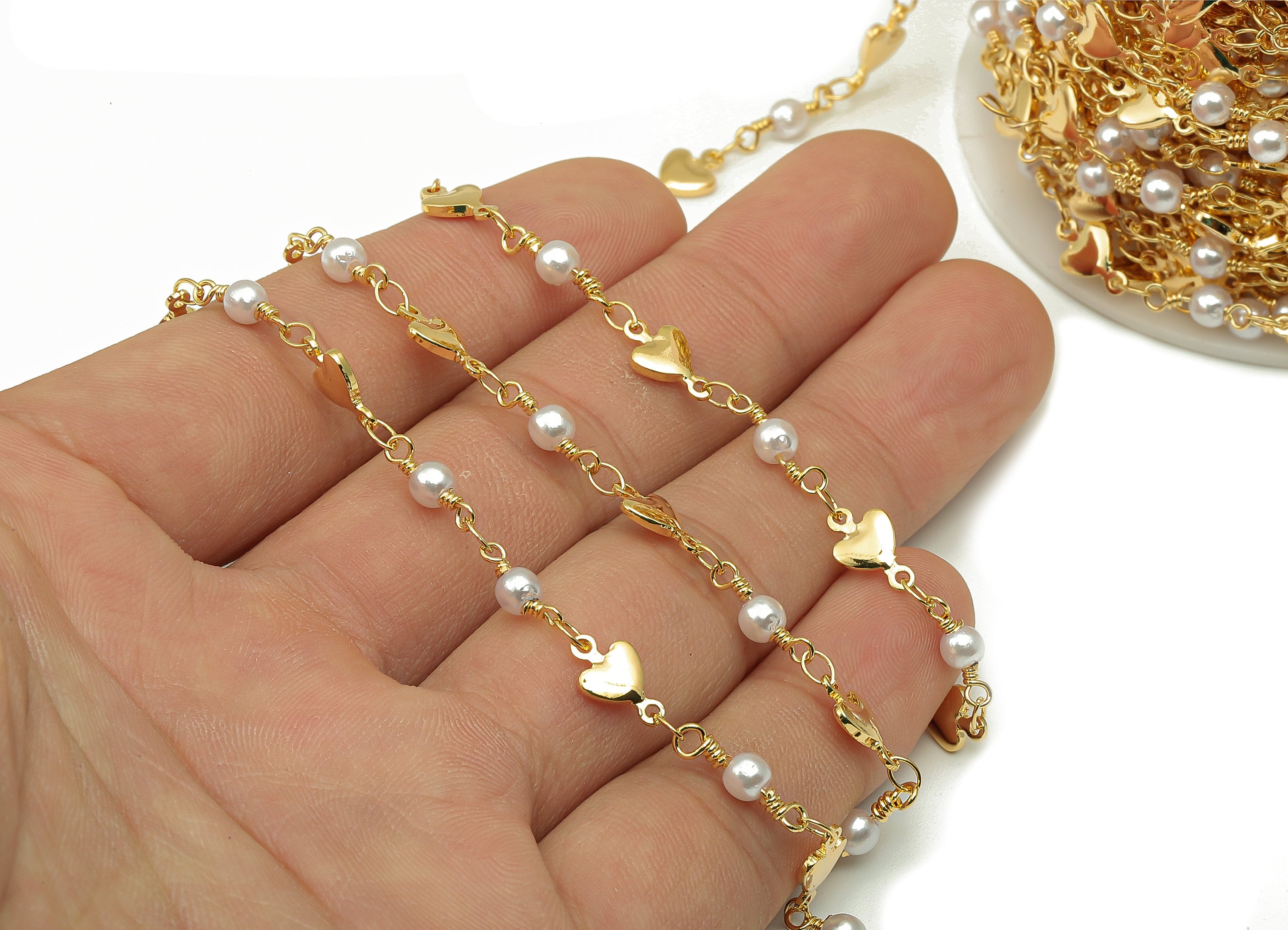 Pearl Satellite Chain - Brass Heart Beaded Chain - Heart Bead Chain - 18K Chains Necklace - 23.07x5.97x3.83mm - RGP5799 - DOMEDBAZAAR