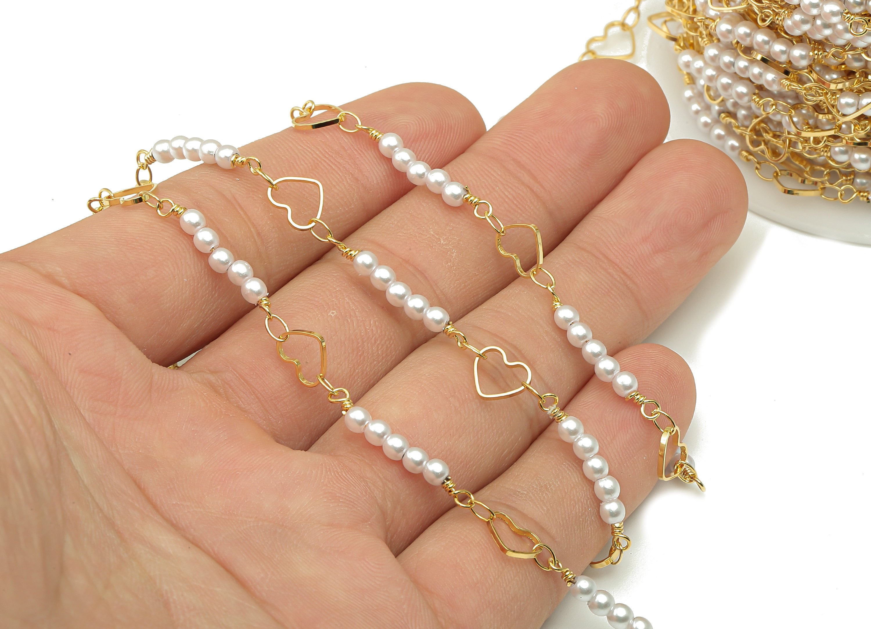 Pearl Satellite Chain - Brass Heart Beaded Chain - Heart Bead Chain - 18K Chains Necklace - 30.32x6.44x3.04mm - RGP5800 - DOMEDBAZAAR