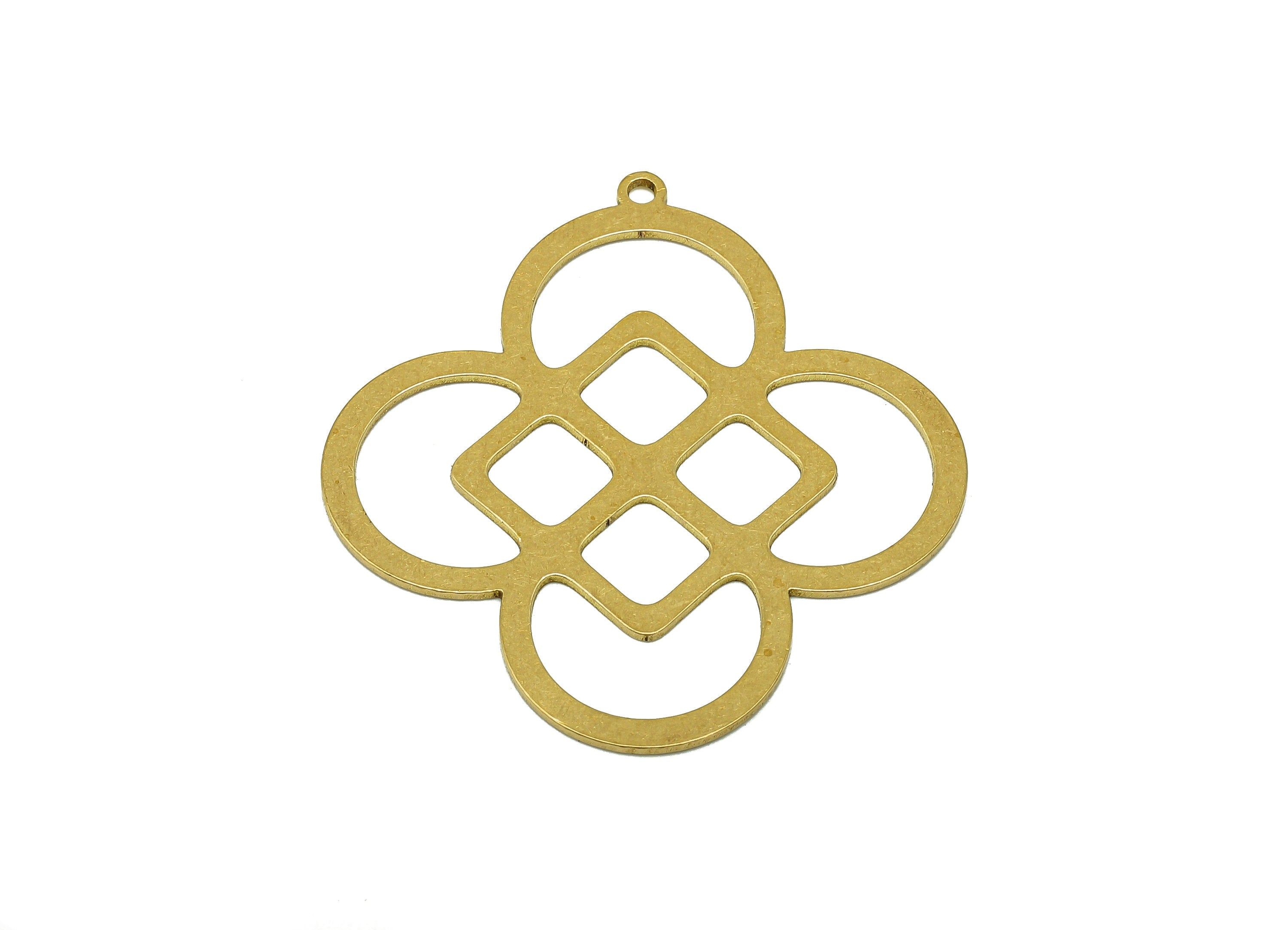 Brass Flower Earring Charms - Raw Brass Hollow Rhombic Earring - Diamond Pendant With Loop - For Necklace - 37.88x35.51x0.65mm - PPA7107 - DOMEDBAZAAR