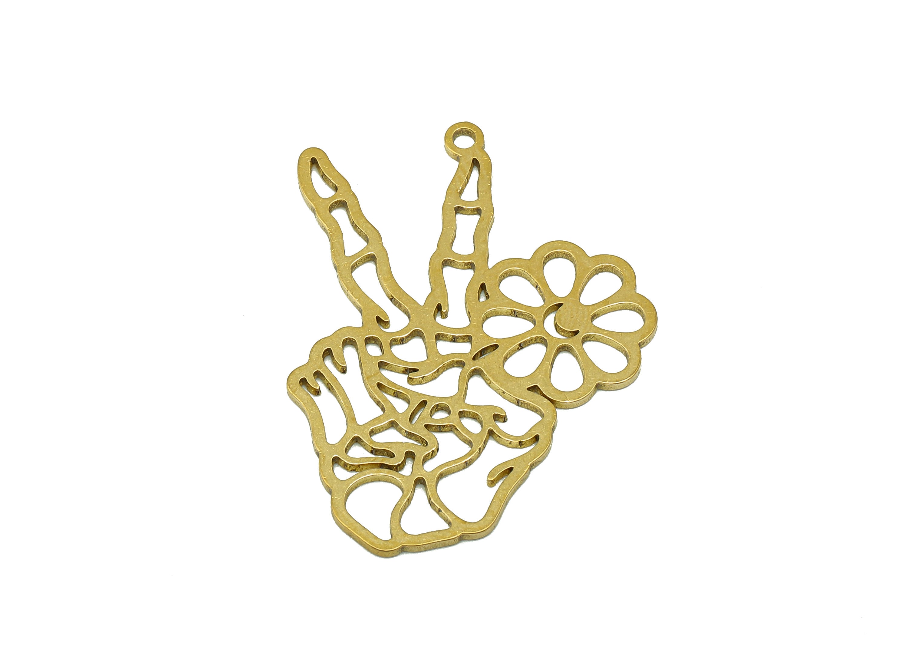 Brass Hand Sign Earring Charms - Raw Brass Hand Victory Earring - Flower Pendant With Loop - For Necklace - 32x34.8x0.74mm - PPZ0200 - DOMEDBAZAAR