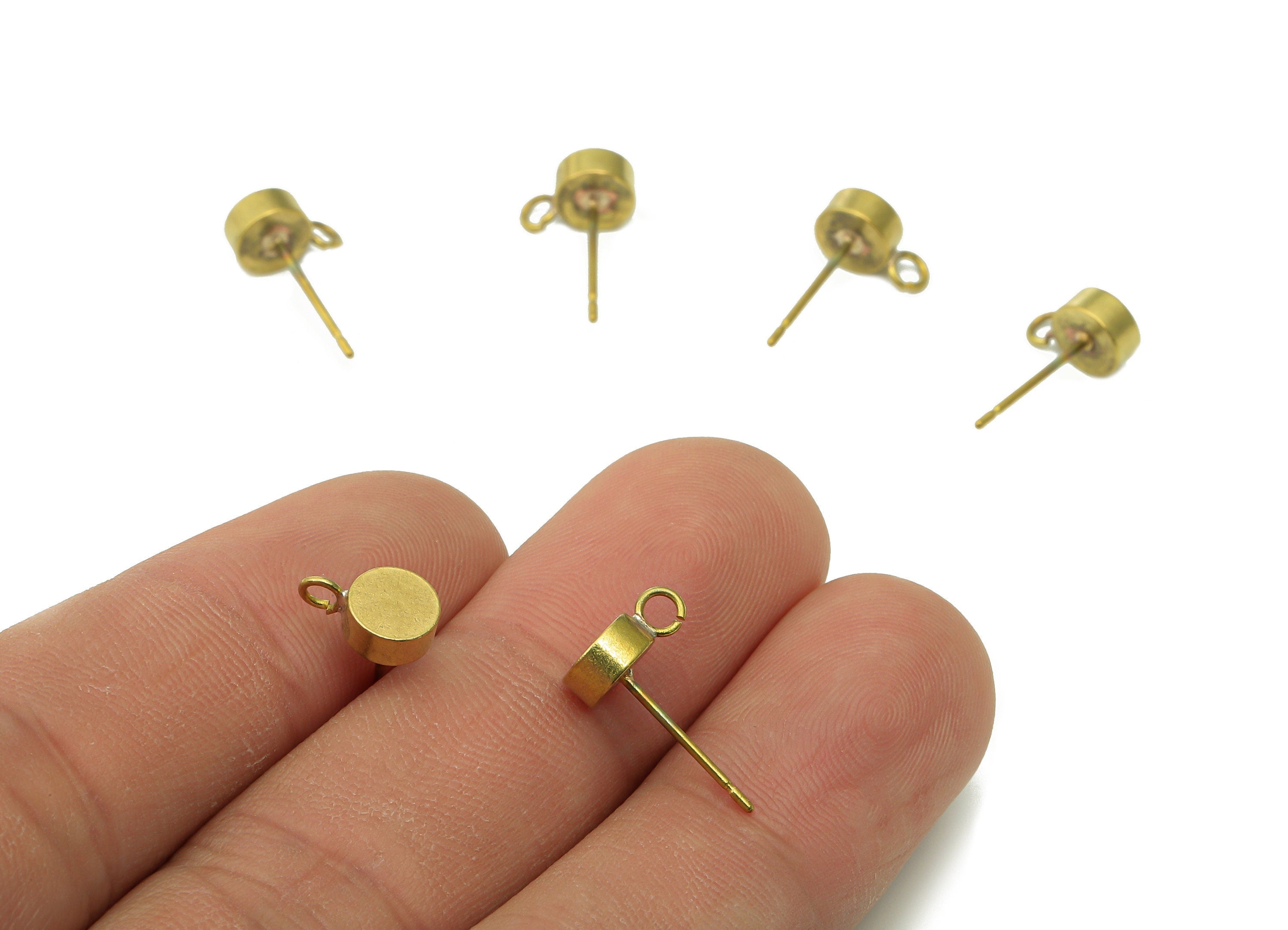 Brass Mini Thick Round Earring Posts - Raw Brass Mini Circle Stud Earring - Earring With Loop - Brass Stud - 9.1x6x2.7mm - PP8030 - DOMEDBAZAAR