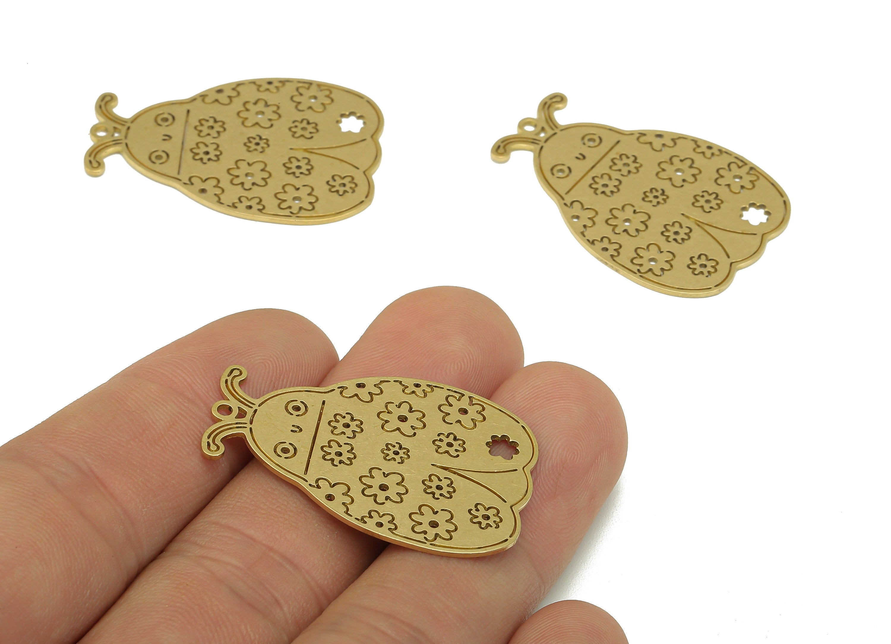 Brass Insect Earring Charms - Raw Brass Cutout Flower Ladybug Earring - Insect Pendant With Loop - For Necklace - 35.6x32.38x0.9mm - PPZ0214 - DOMEDBAZAAR