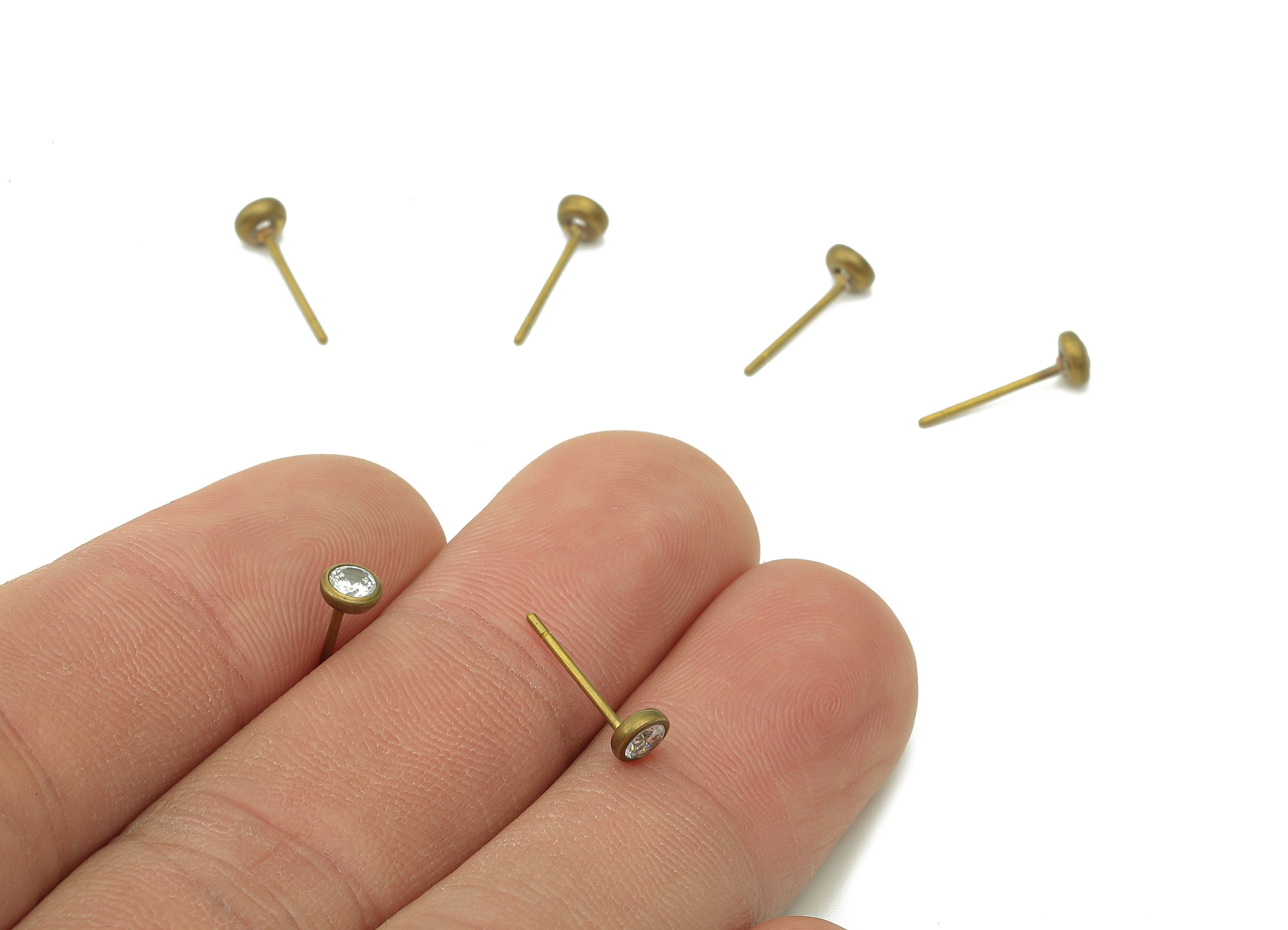 Brass Mini Round Earring Posts - Raw Brass Tiny Circle Stud Earring - Brass Stud With CZ - Earring Findings - 4x4x1.9mm - PP8035 - DOMEDBAZAAR