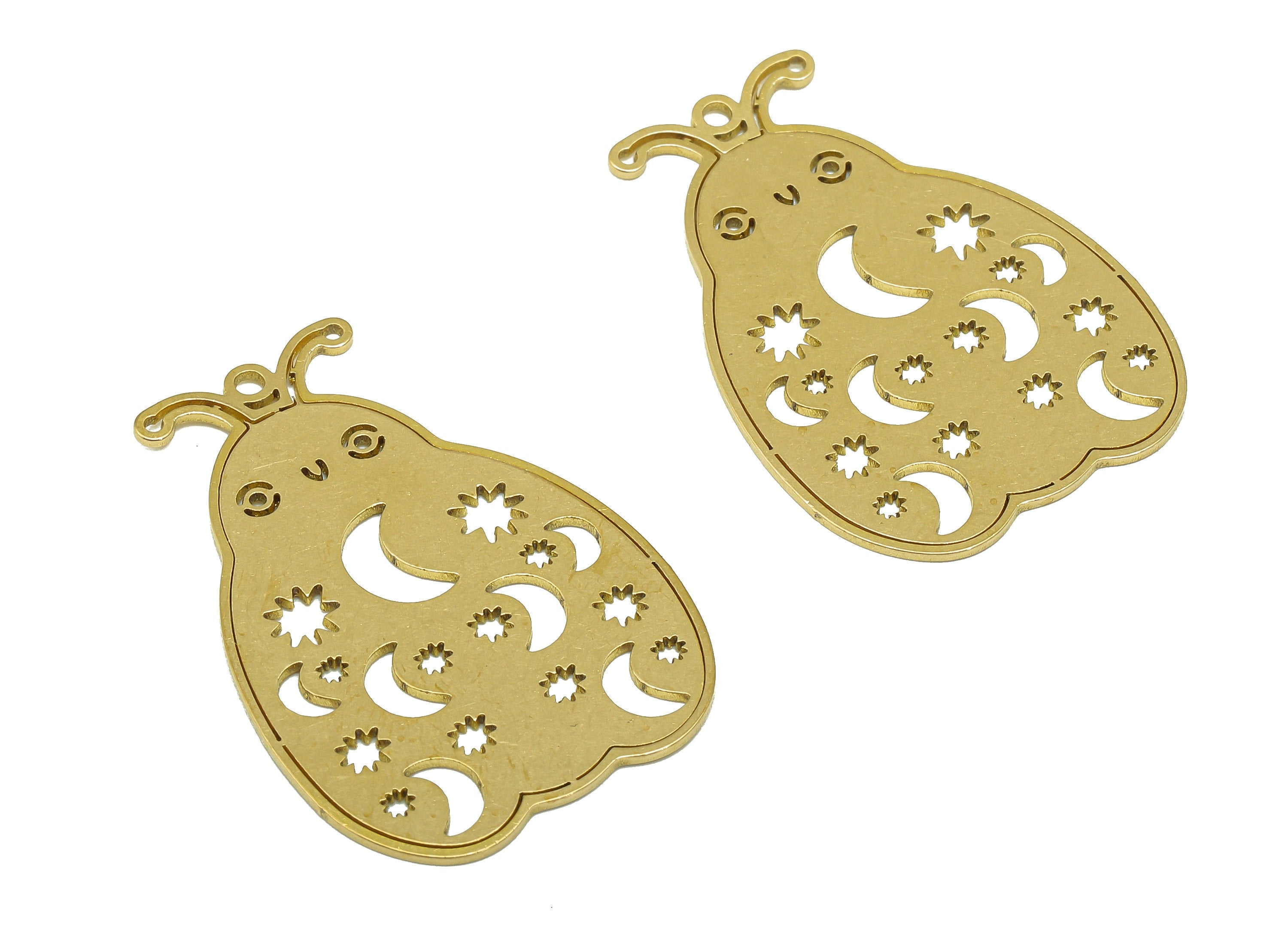 Brass Insect Earring Charm - Raw Brass Cutout Star And Moon Ladybug Earring - Insect Pendant With Loop - For Necklace - 35x24x1mm - PPZ0216 - DOMEDBAZAAR