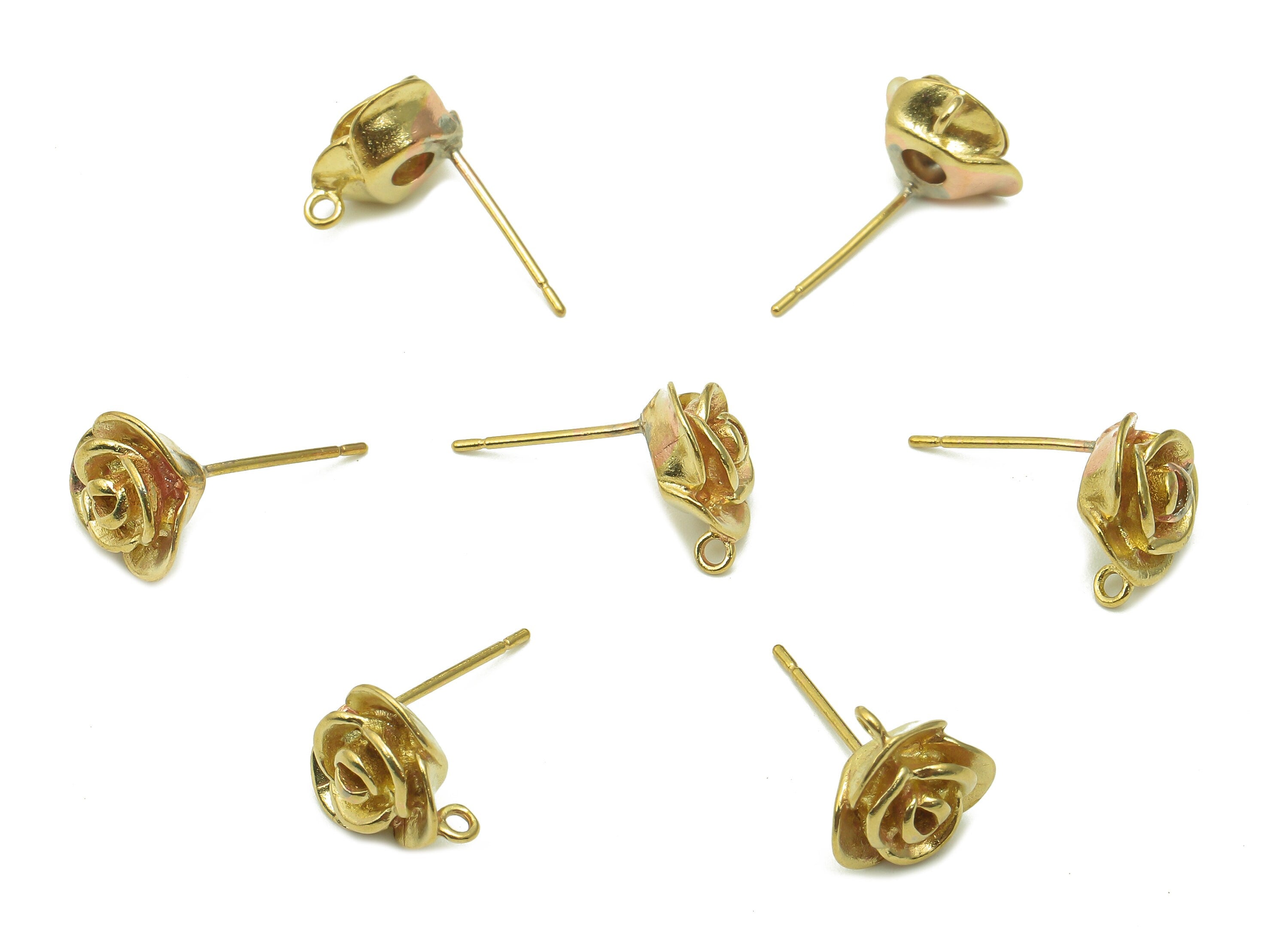 Brass Rose Earring Posts - Raw Brass Flower Stud Earring With Loop - Botanical Brass Stud - Earring Findings - 1.3x10.8x10.1mm - PP8029 - DOMEDBAZAAR
