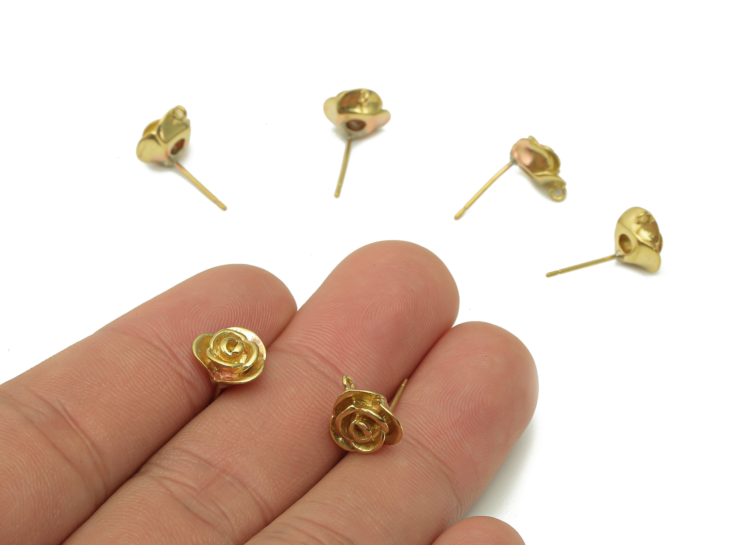 Brass Rose Earring Posts - Raw Brass Flower Stud Earring With Loop - Botanical Brass Stud - Earring Findings - 1.3x10.8x10.1mm - PP8029 - DOMEDBAZAAR