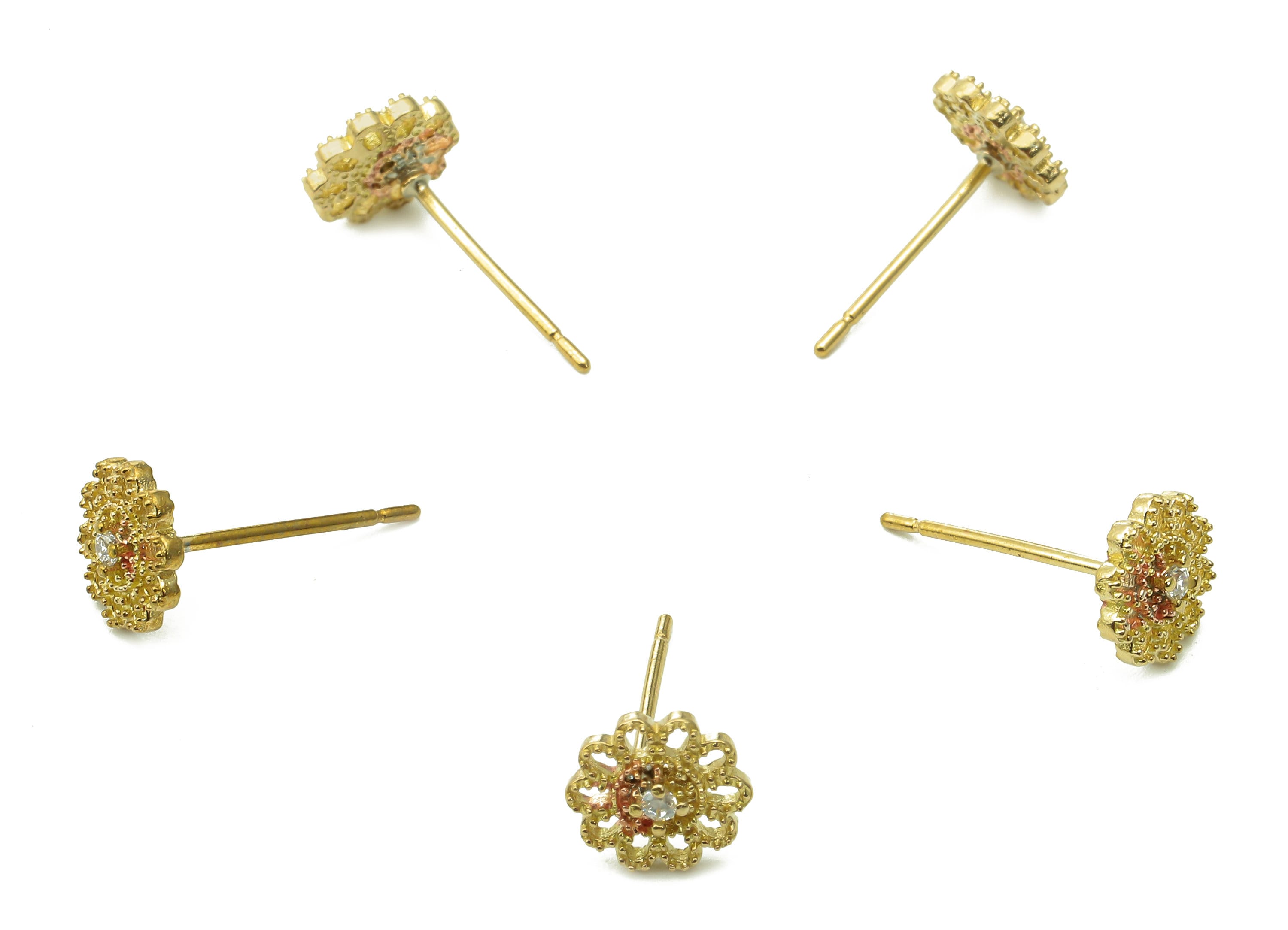 Brass Flower Earring Post - Raw Brass Flower Stud Earring With CZ - Botanical 925 Silver Needles - Earring Findings - 14.4x7.3x0.7mm -PP8004 - DOMEDBAZAAR