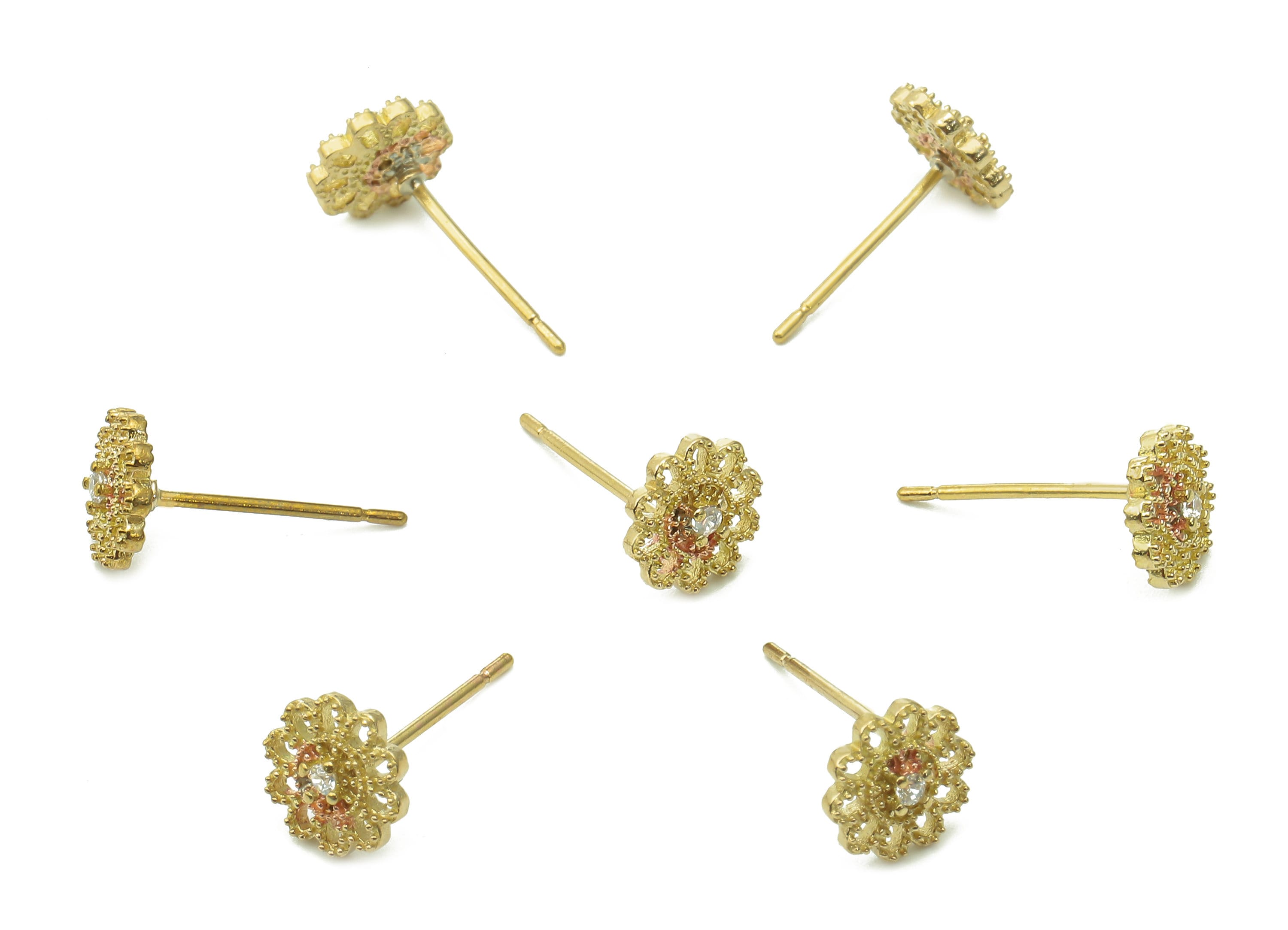 Brass Flower Earring Post - Raw Brass Flower Stud Earring With CZ - Botanical 925 Silver Needles - Earring Findings - 14.4x7.3x0.7mm -PP8004 - DOMEDBAZAAR