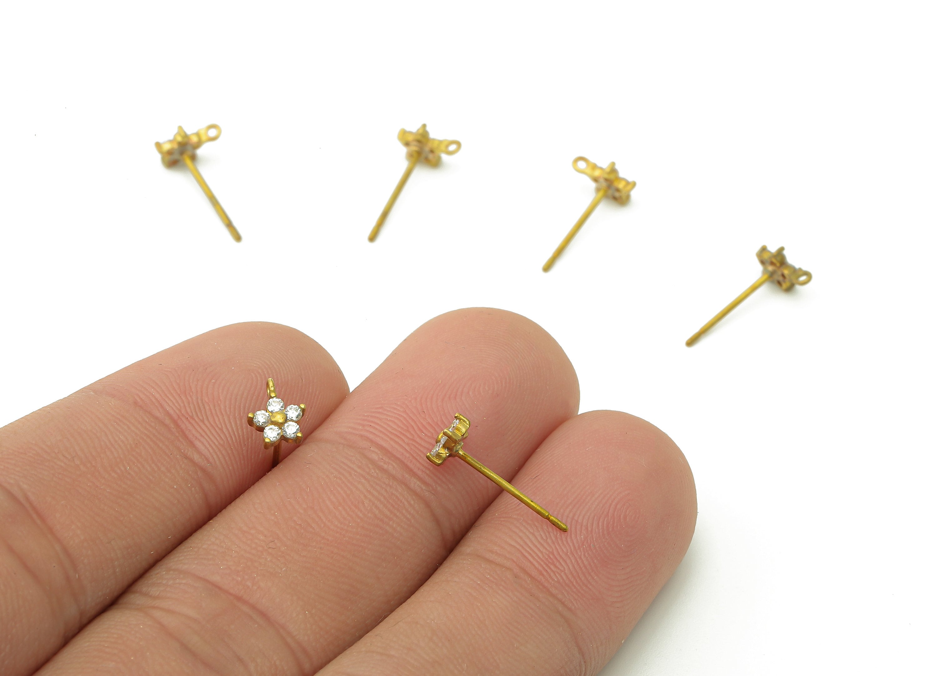 Brass CZ Mini Flower Earring Post - Raw Brass Tiny Flower Stud Earring - Brass Stud With Loop - Earring Findings - 6.8x5x1.5mm - PP8032 - DOMEDBAZAAR