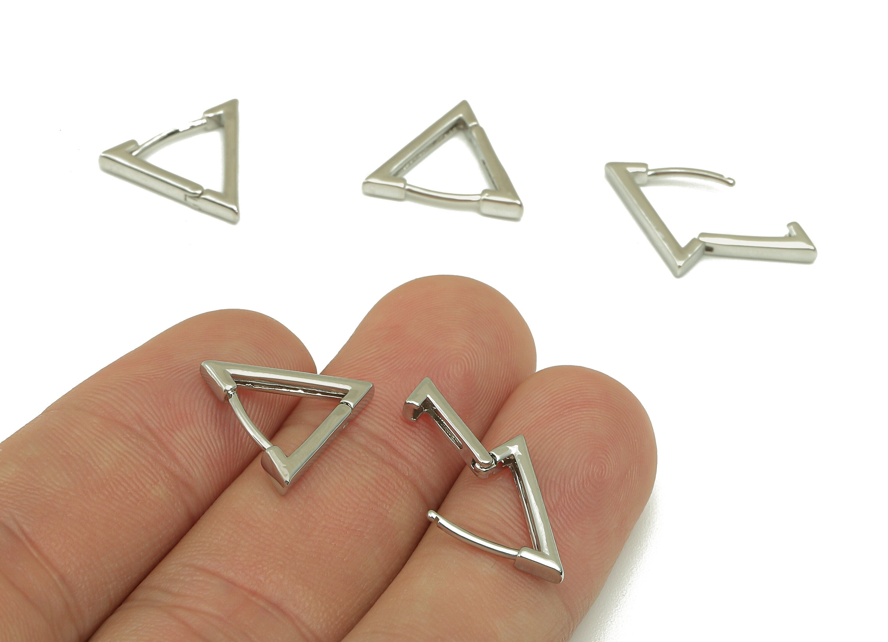 Brass Triangle Earrings Clasps - Dainty Triangle Hoop Clasp - Earring Clasp - 18K Real White Gold Plated Brass - 14x16.6x2.6mm - RGP3259S - DOMEDBAZAAR